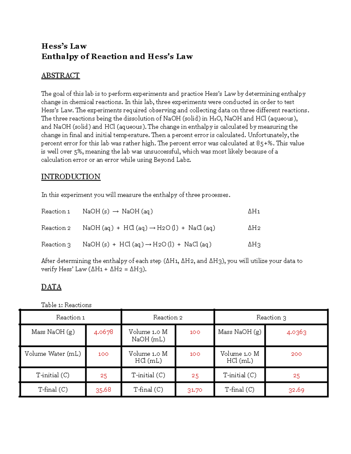 Hess s Law Lab Worksheet Hess s Law Enthalpy of Reaction and Hess s