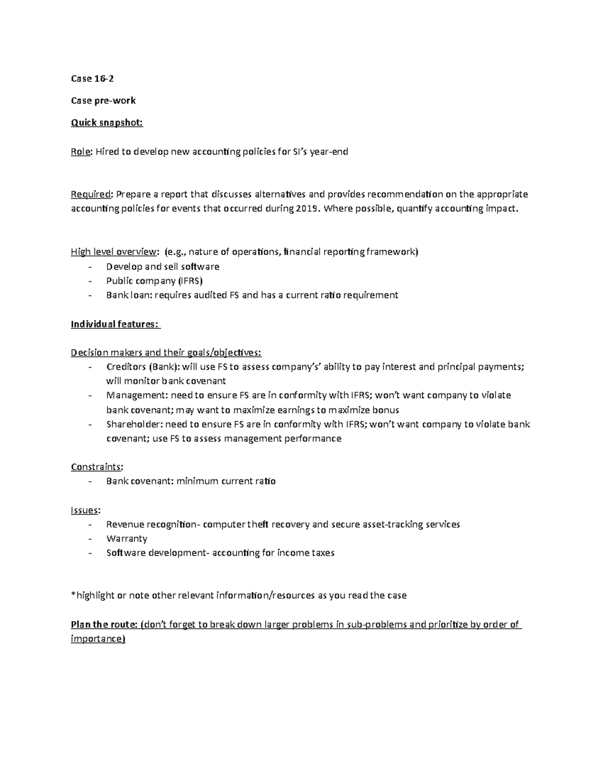 Case pre-work template - Case 16- Case pre-work Quick snapshot: Role ...