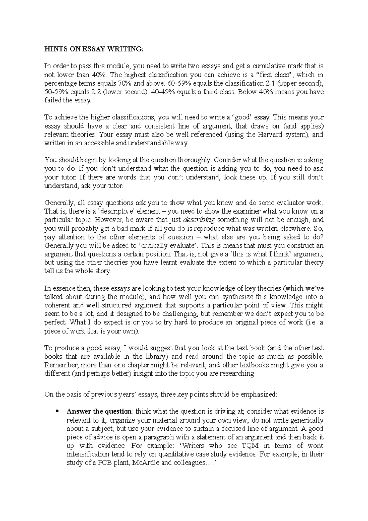 Hints ON Essay Writing - ..... - HINTS ON ESSAY WRITING: In order to ...