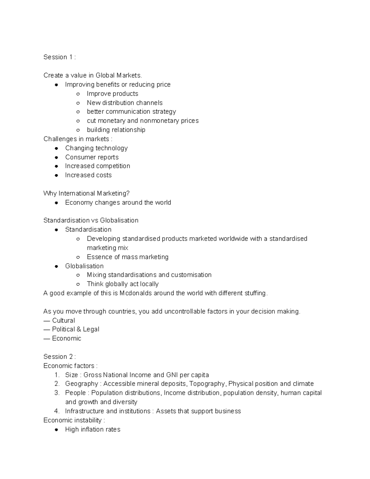Lecture notes - revision - Session 1 : Create a value in Global Markets ...