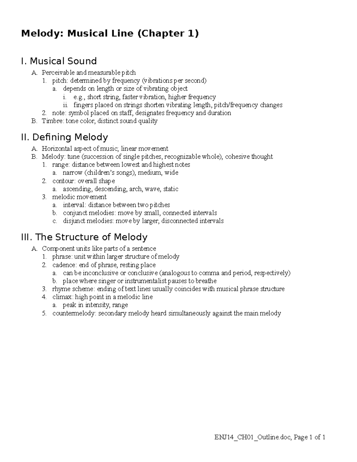 ENJ14 CH01 Outline Melody Musical Line (Chapter 1) I. Musical Sound