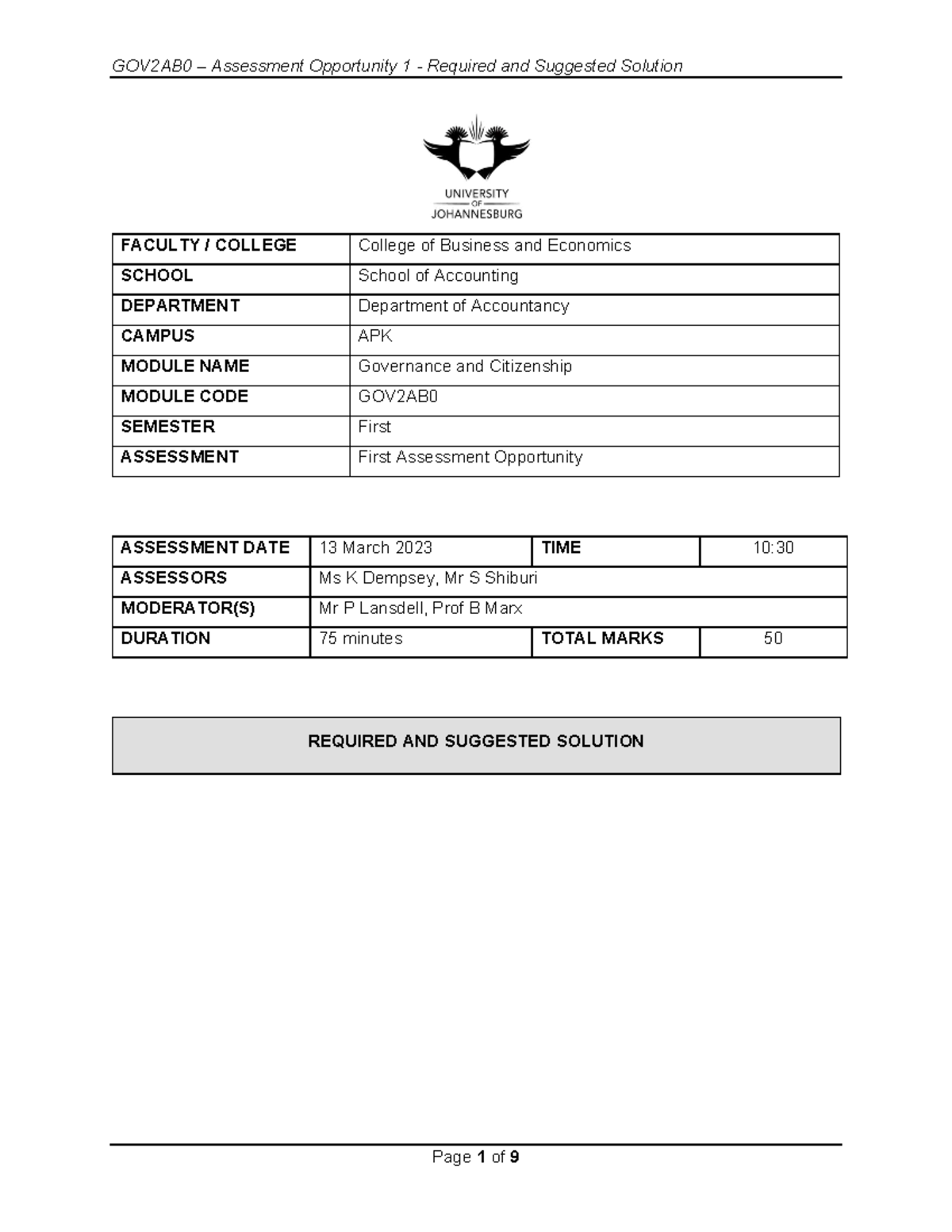 Required and Suggested Solution - FACULTY / COLLEGE College of Business ...