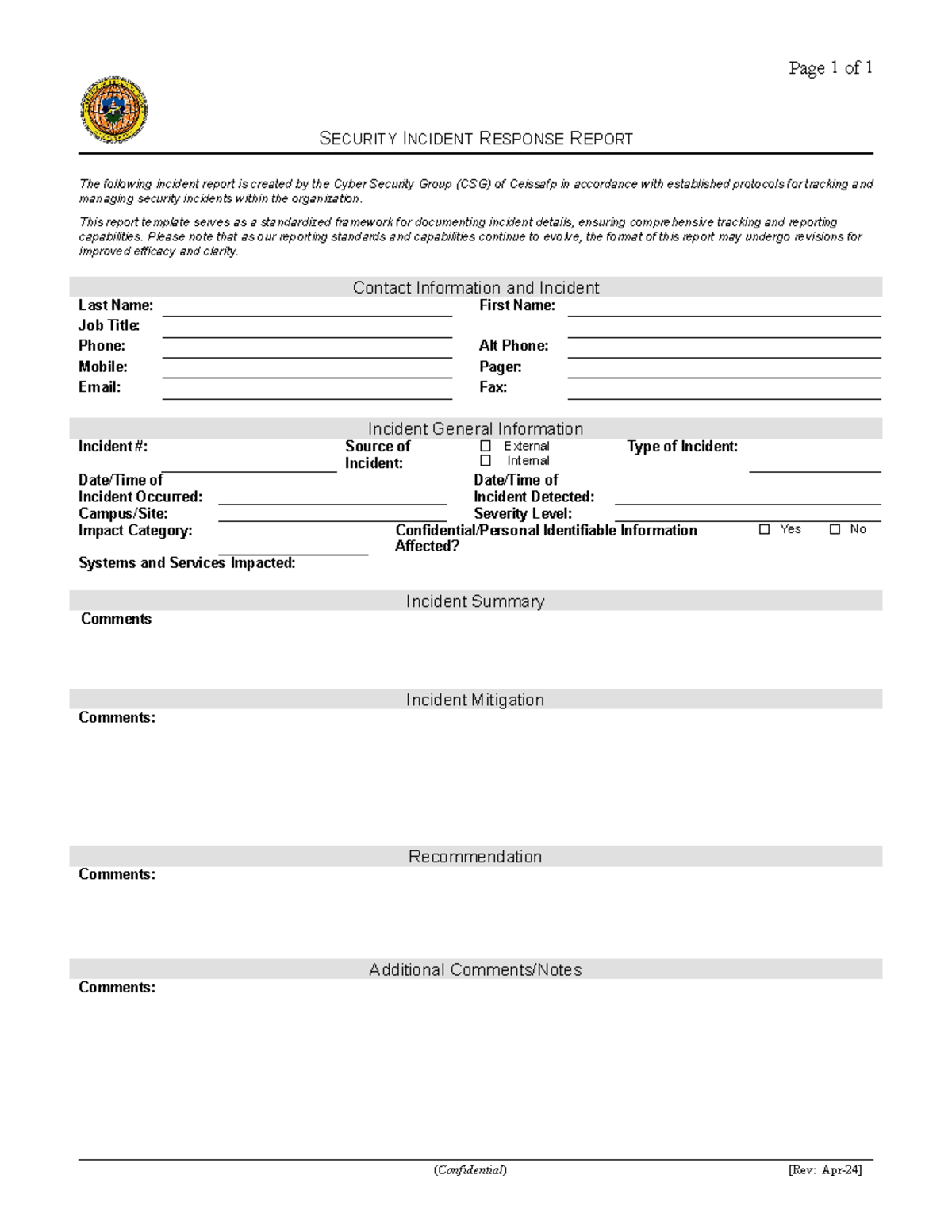 Secincidentrespshortform - SECURITY INCIDENT RESPONSE REPORT ...