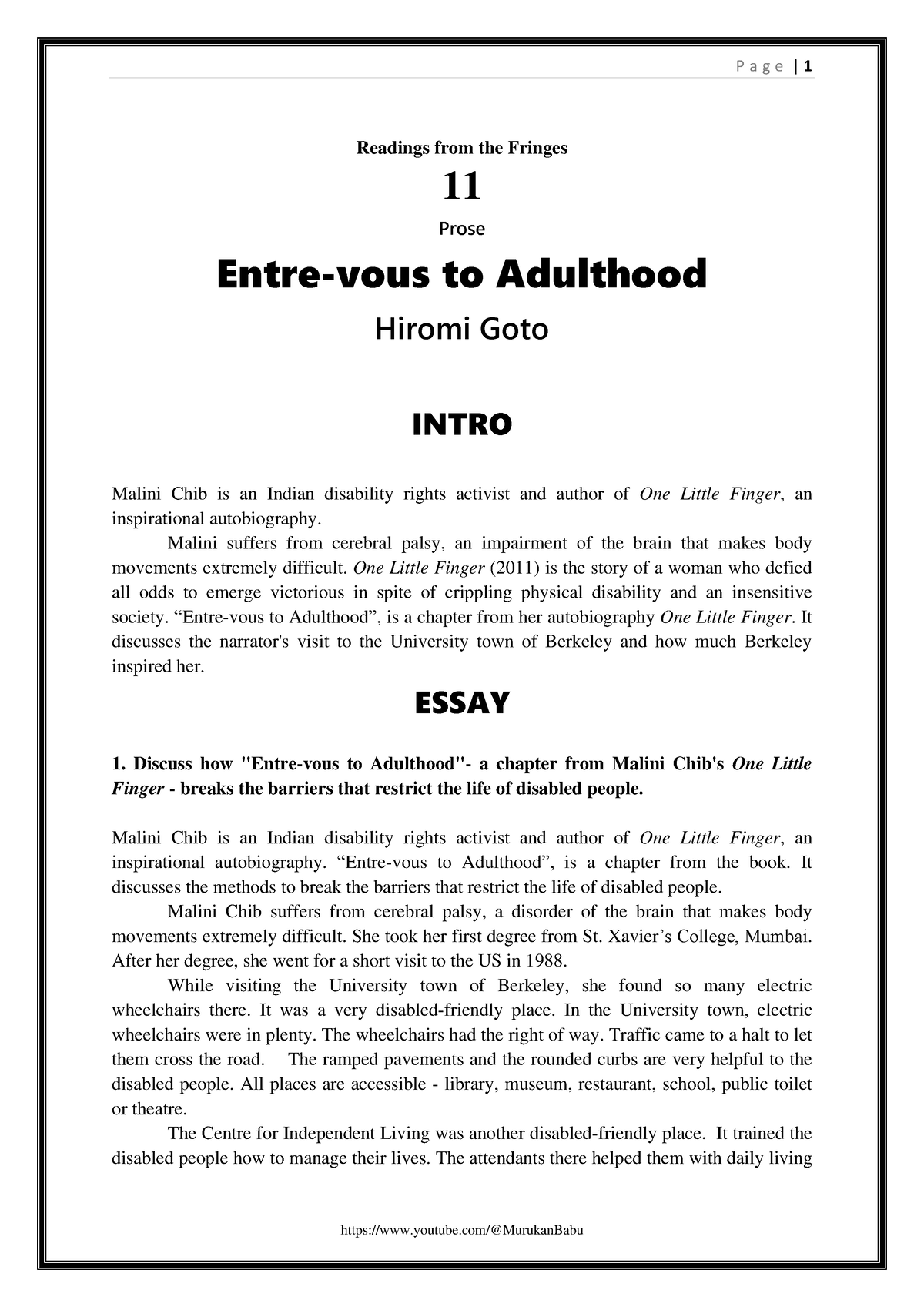 Entre-vous Complete Notes - Readings from the Fringes 11 Prose Entre-vous  to Adulthood Hiromi Goto - Studocu