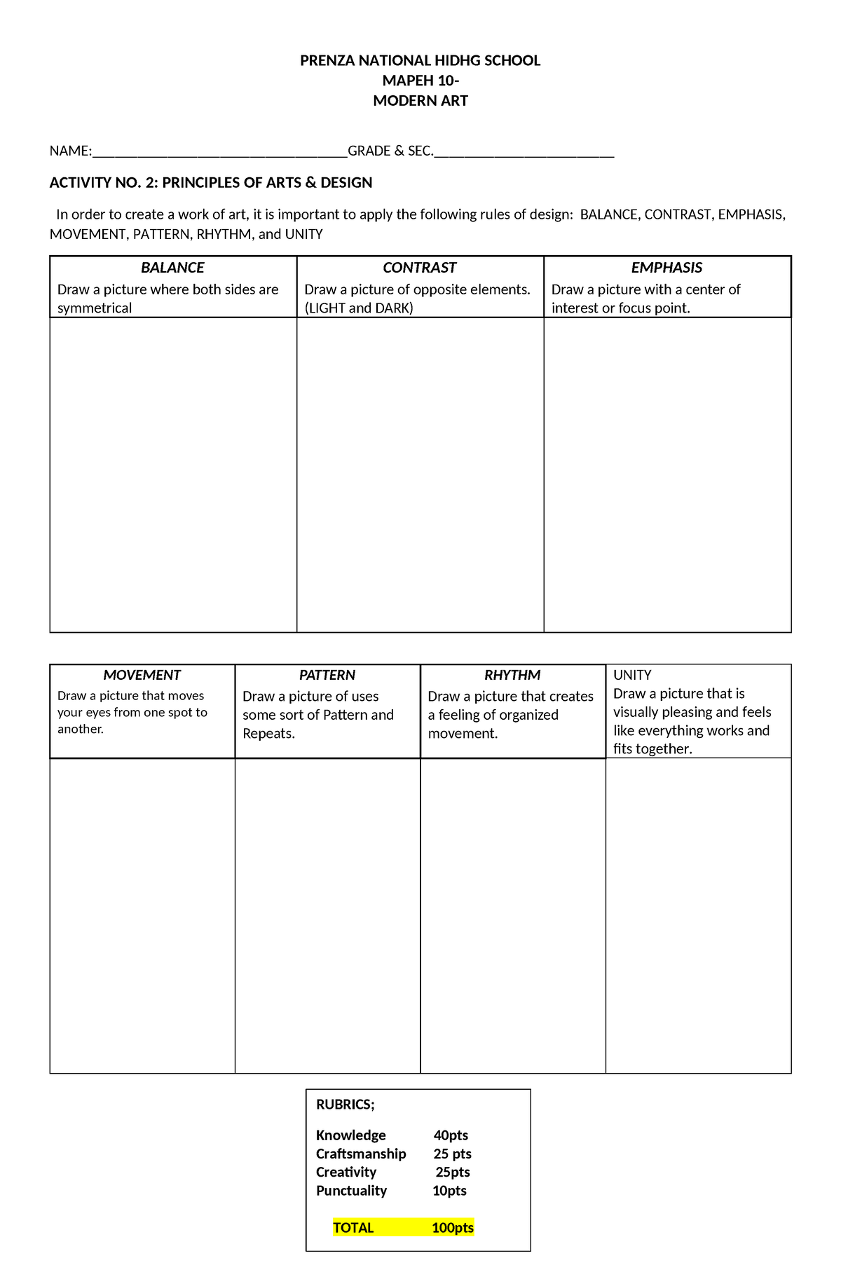 Act no 2 Principles of Design PRENZA NATIONAL HIDHG SCHOOL MAPEH 10