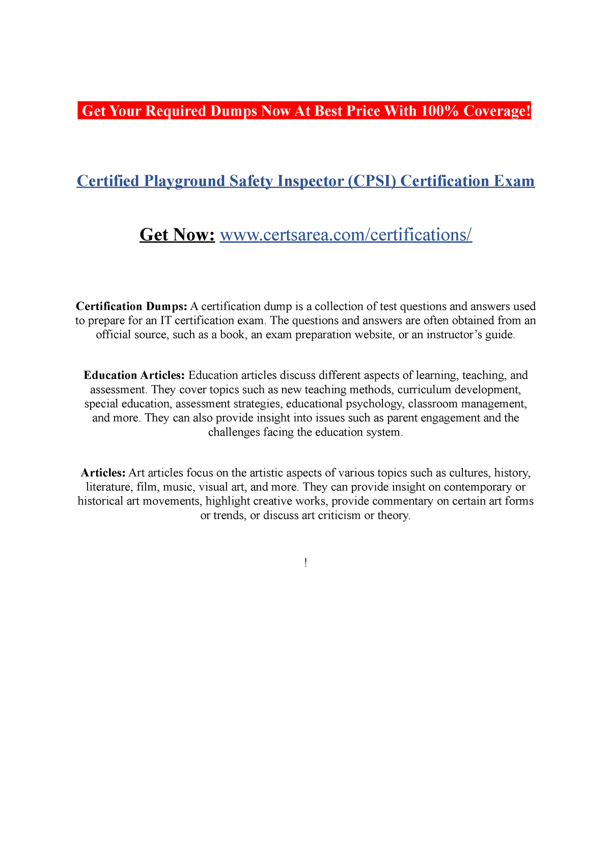 Certified Playground Safety Inspector (CPSI) Certification Exam Get