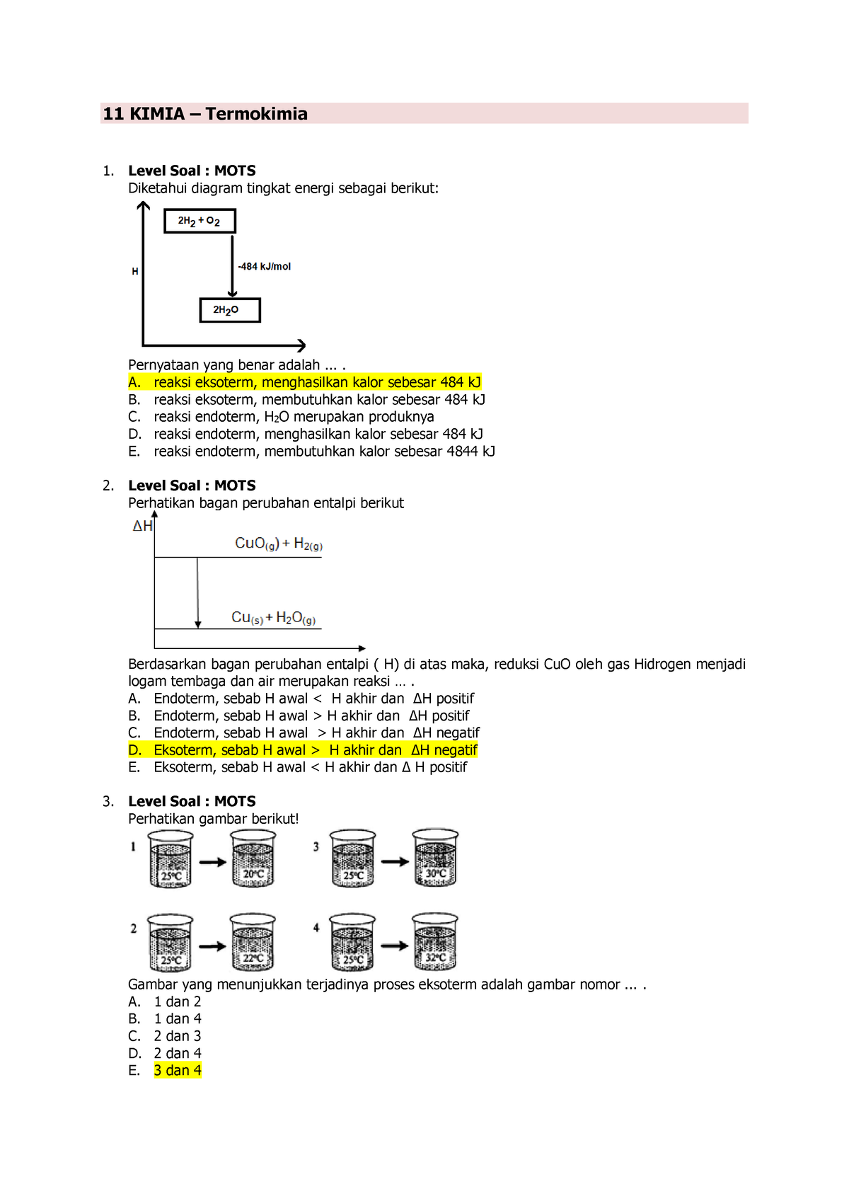 Latsol Kimia - 11 KIMIA – Termokimia Level Soal : MOTS Diketahui ...