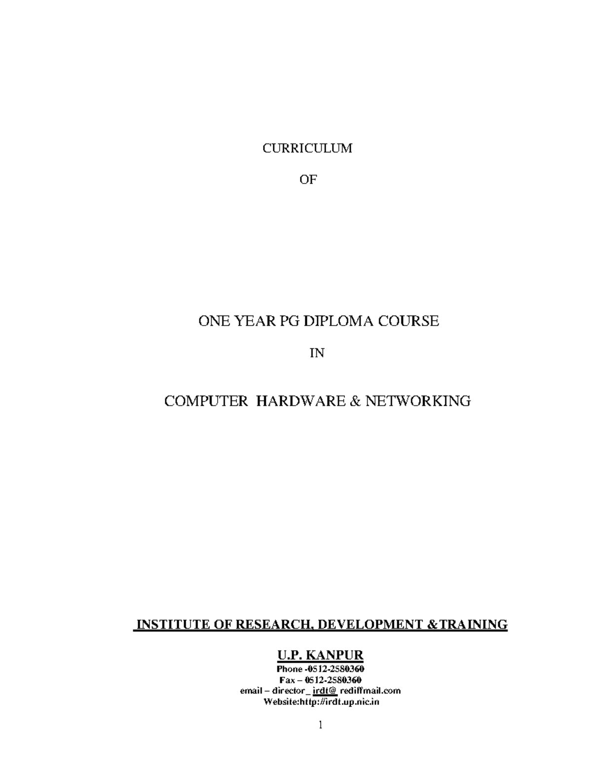 Computer hardware and Networking CURRICULUM OF ONE YEAR PG DIPLOMA