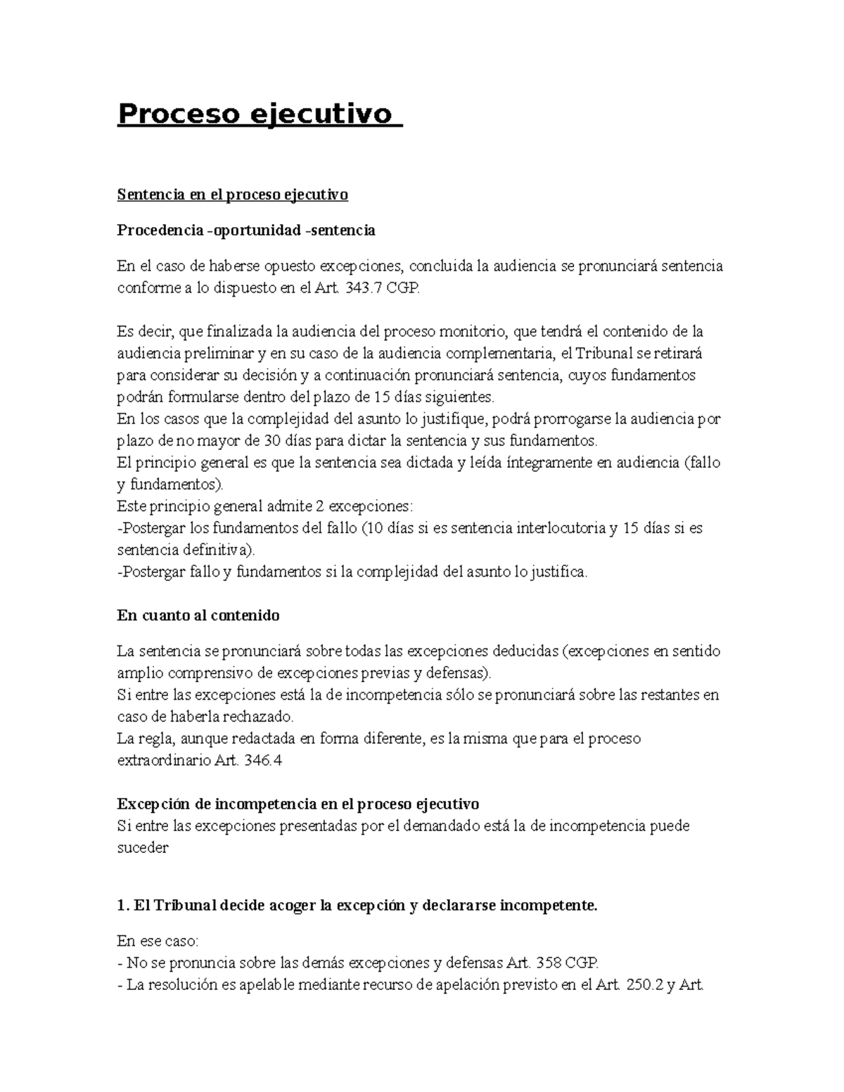 Proceso ejecutivo - Proceso ejecutivo Sentencia en el proceso ejecutivo