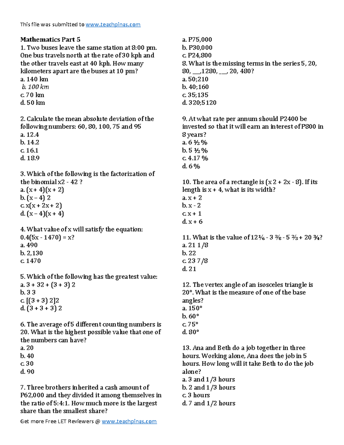 Part 5 Mathematics - LET actual exam - Mathematics Part 5 Two buses ...