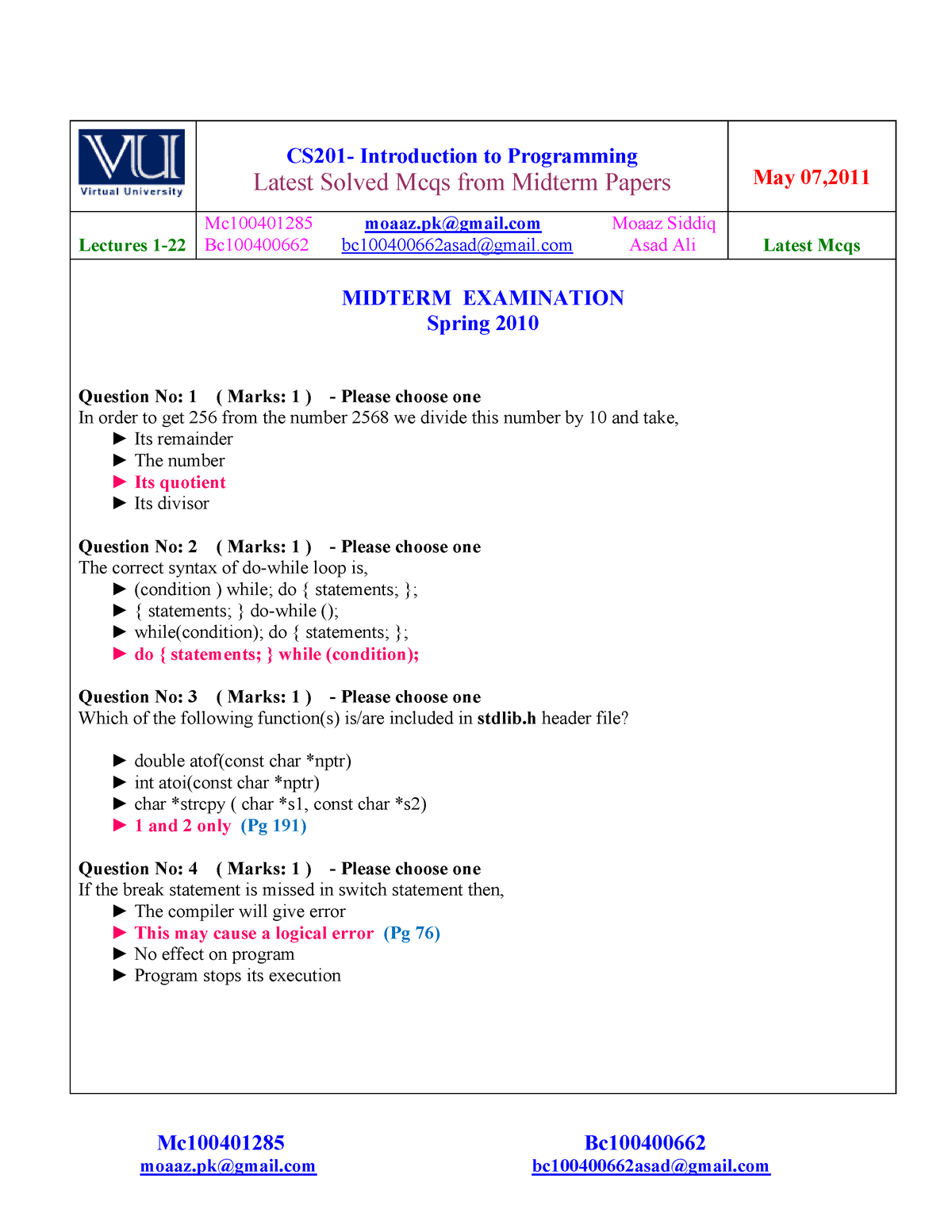 CS201 Midterm Solved Mcqs With By Moaaz - Mc100401285 Bc CS201 ...