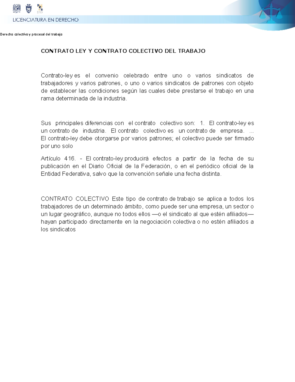 Contrato LEY Contrato Colectivo - Derecho colectivo y procesal del ...