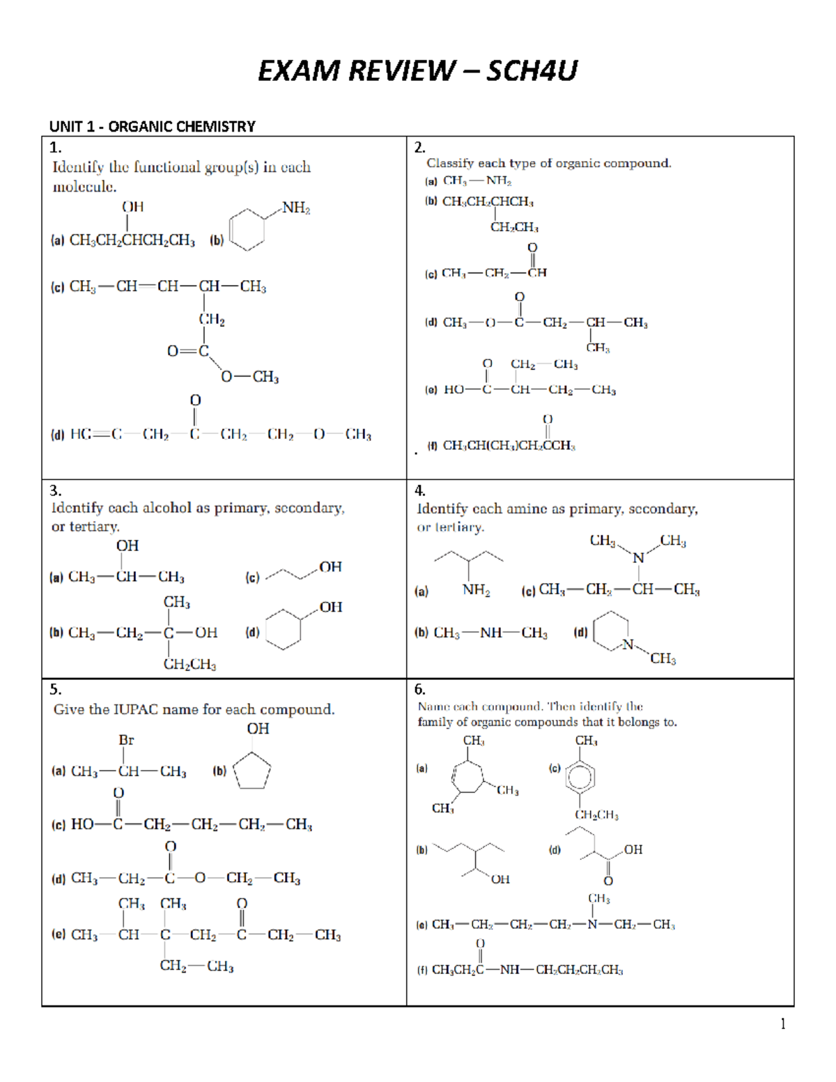 SCH4U EXAM Review 2 - KINE- exam - EXAM REVIEW – SCH4U UNIT 1 - ORGANIC ...