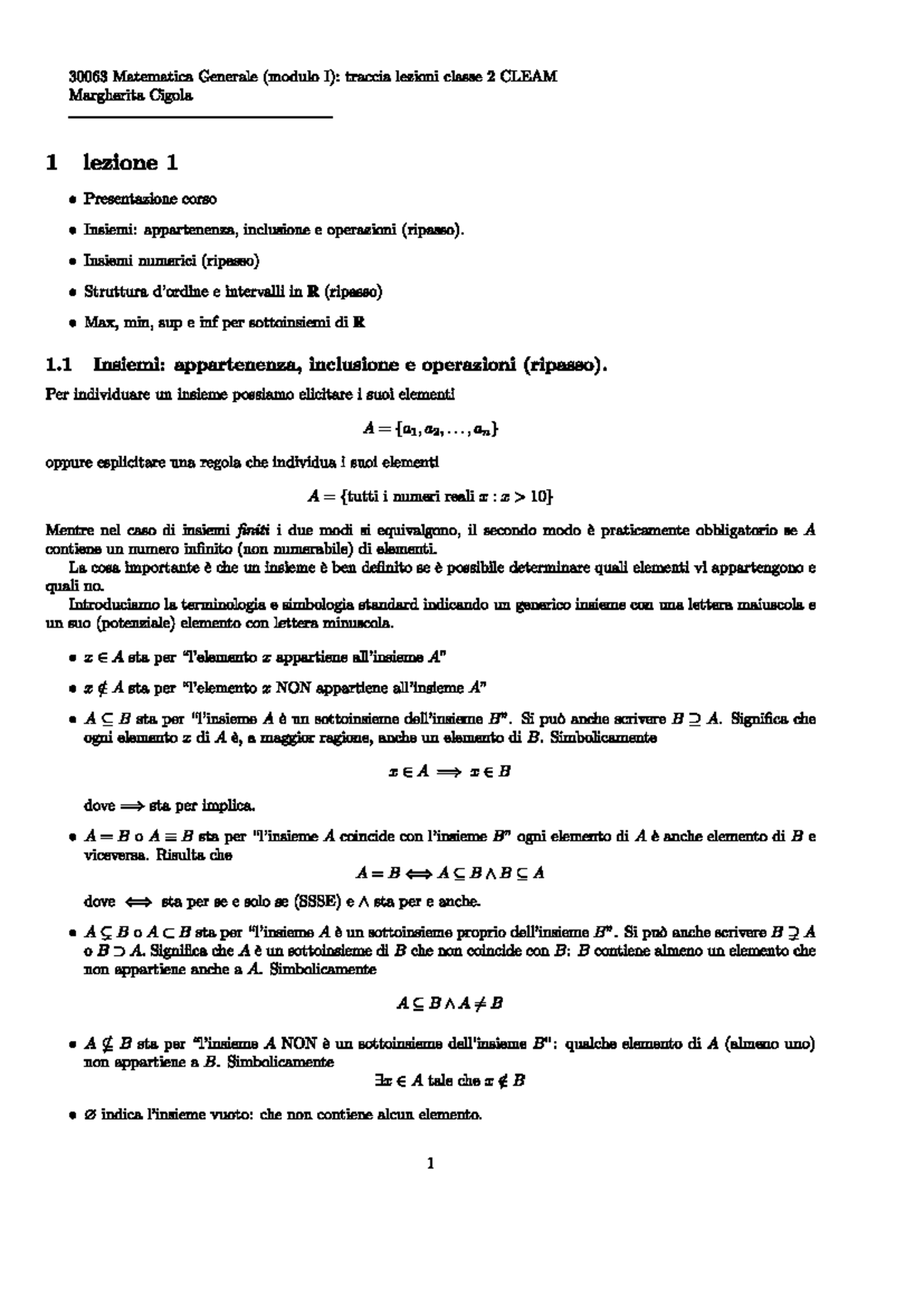 Lezione 1 - Riassunto Matematica 1 / Mathematics - Module 1 - 30063 ...