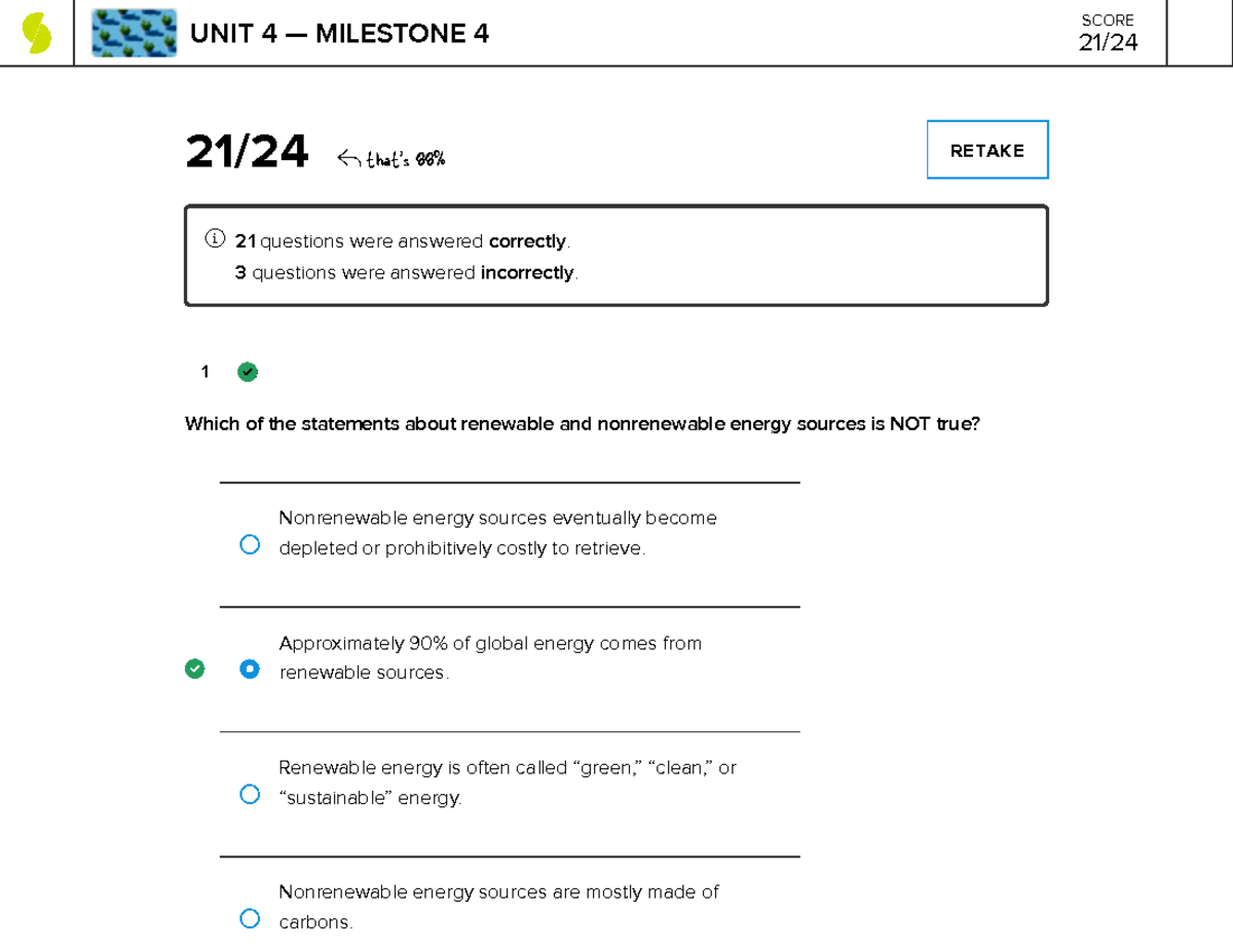 M4 - Environmental Science Milestone 3 Sophia - 1 21/24 That's 88% ...