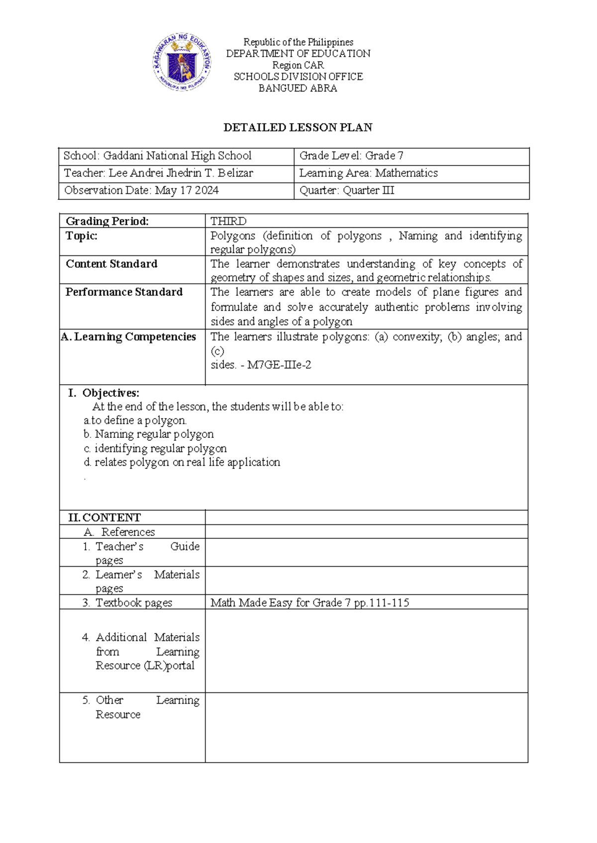 DLP Polygons Ranking DEMO JHS - DEPARTMENT OF EDUCATION Region CAR ...