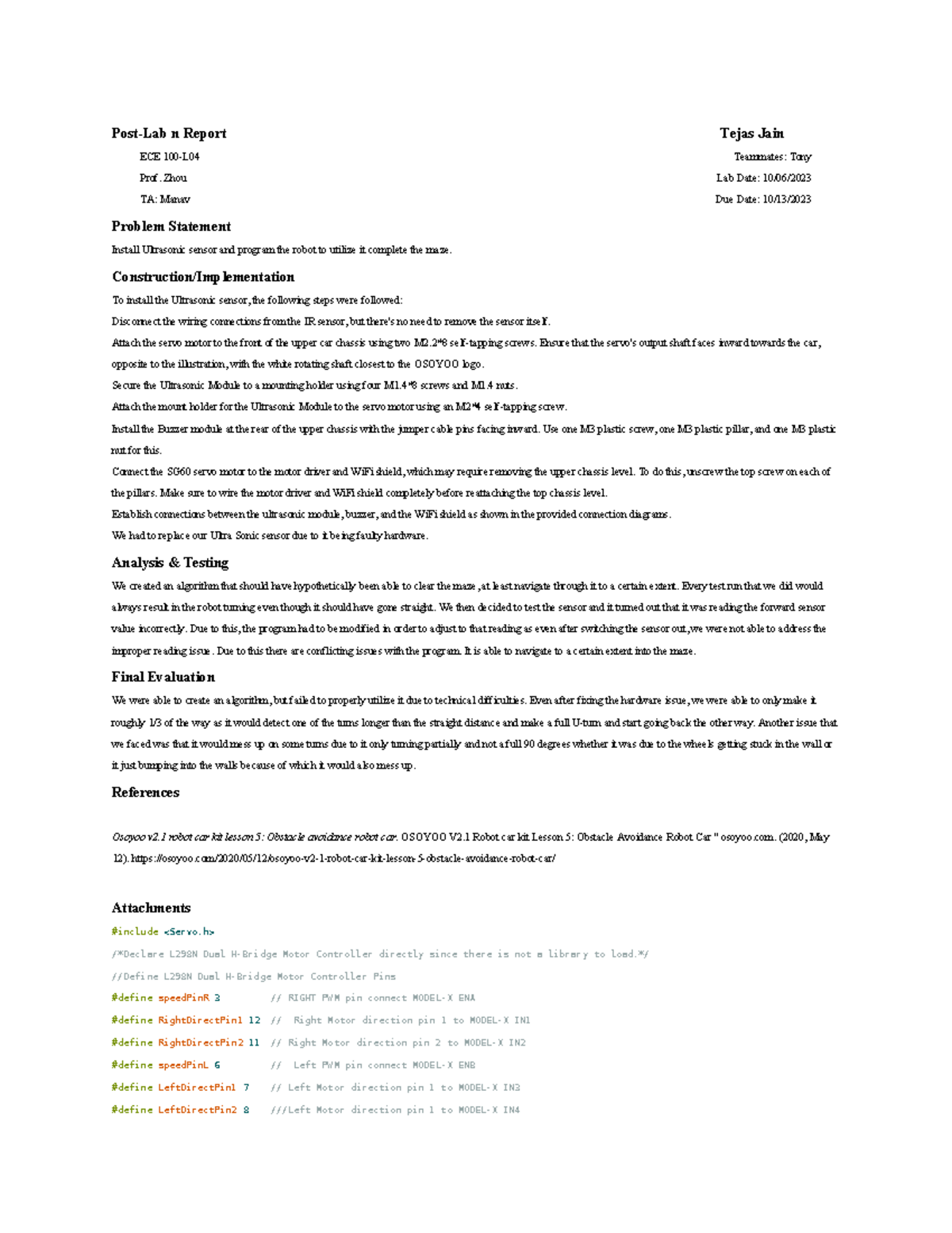Post Lab 7 - Post Lab 7 - Post-Lab n Report Tejas Jain ECE 100-L04 ...