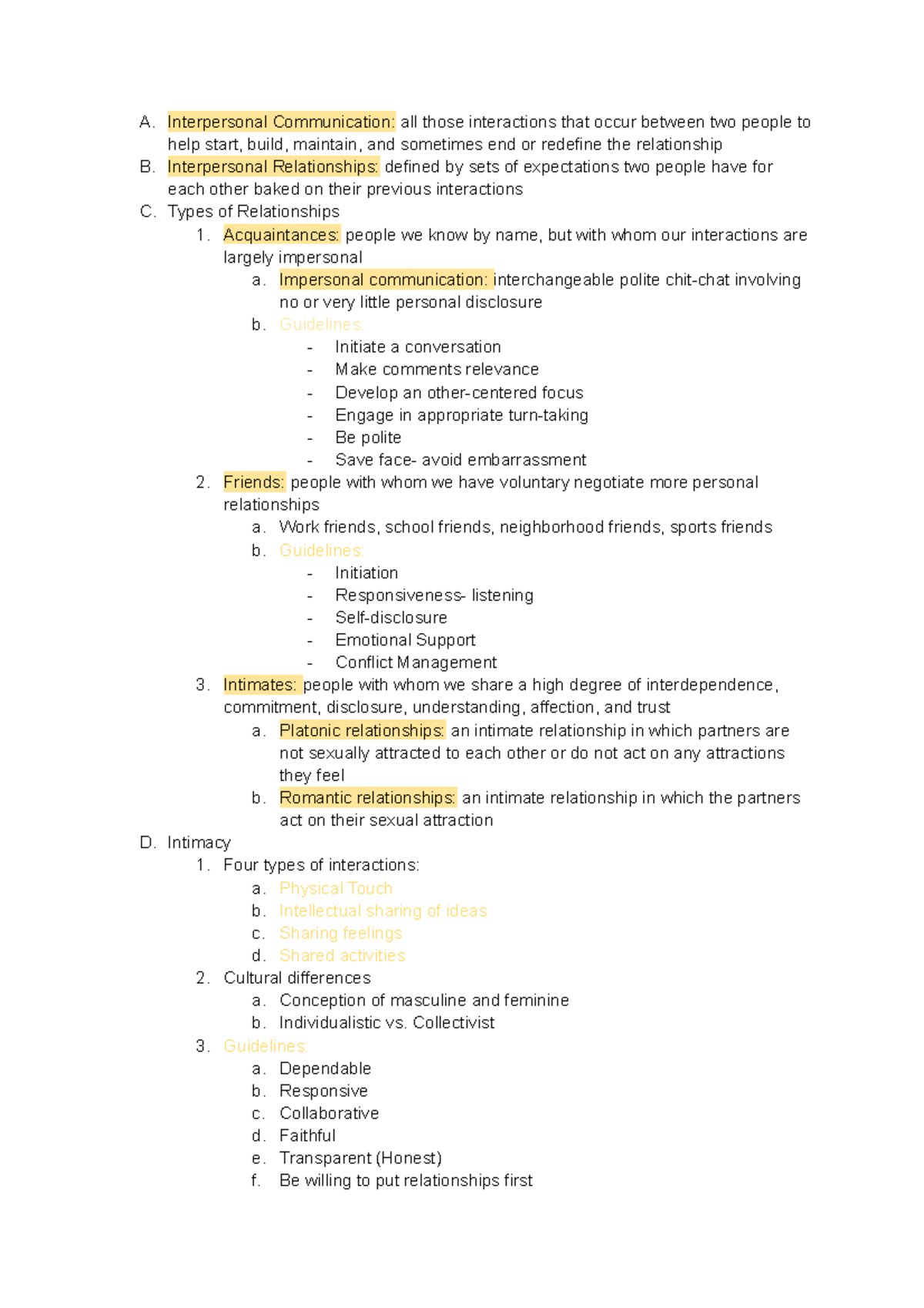 Interpersonal Relationships - A. Interpersonal Communication: All Those 