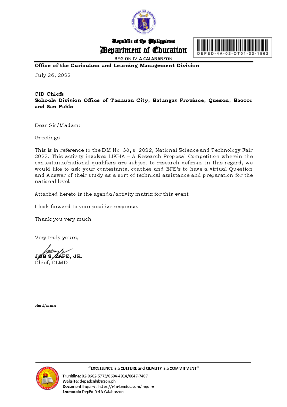 LettertoCIDregardingLikha Republic of the Philippines Department