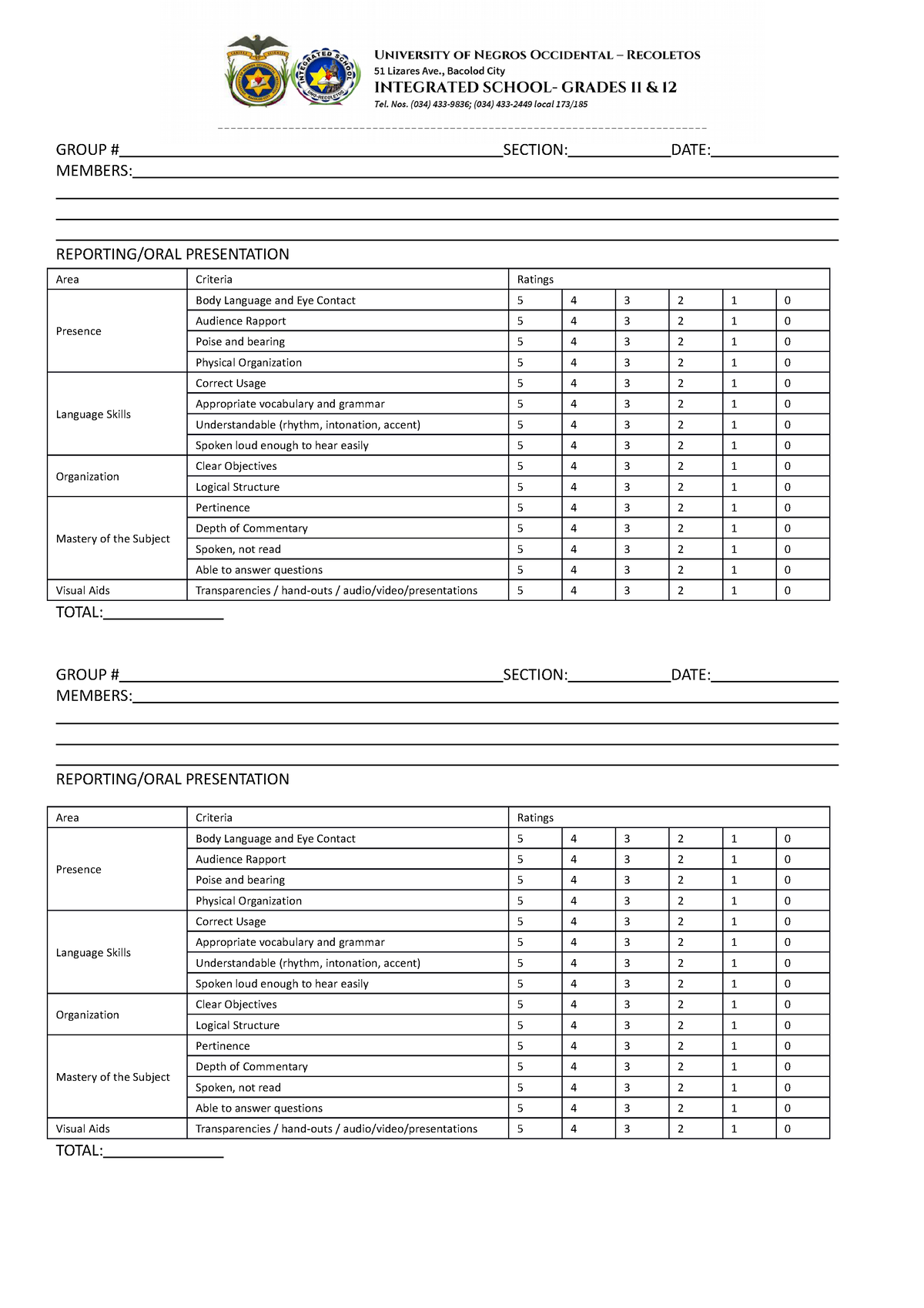 Rubrics - please - GROUP # SECTION: DATE: MEMBERS: REPORTING/ORAL ...