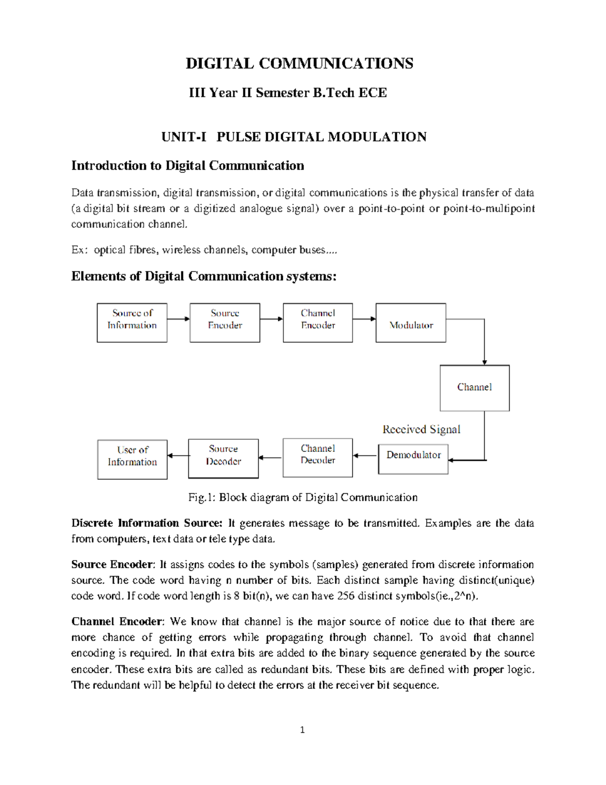 DC Unit I Lecture Notes PMKPrasad - DIGITAL COMMUNICATIONS III Year II ...