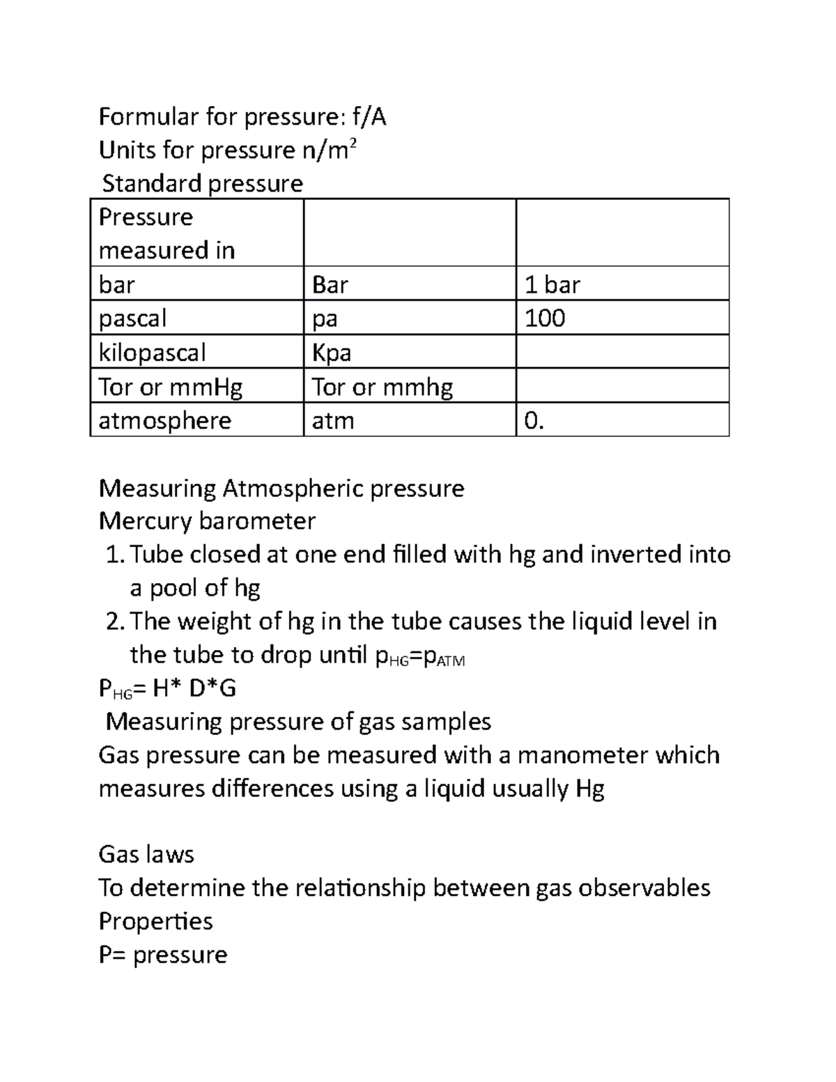 Chem 1000 Formular for pressure f/A Units for pressure n/m 2
