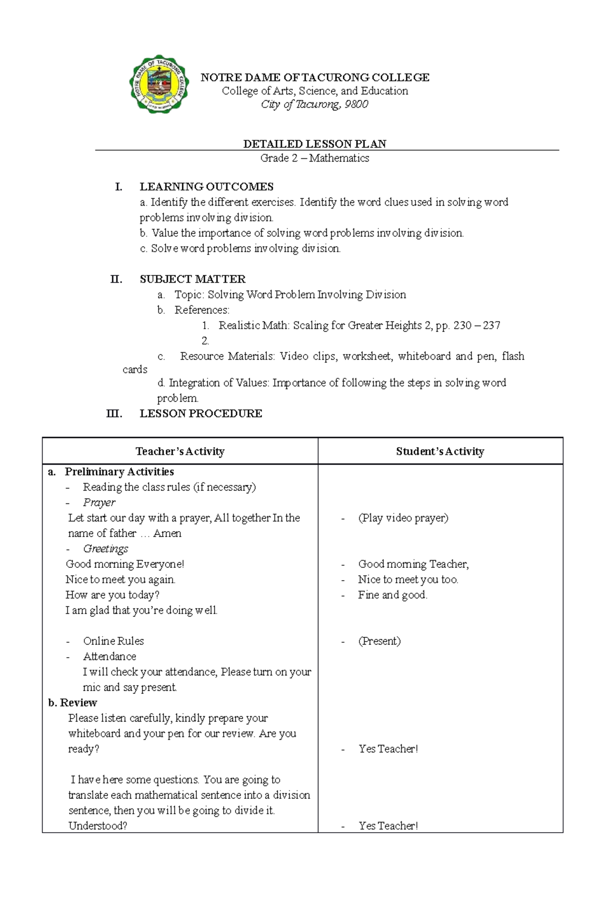 Detailed Lesson Plan - Math 2 - NOTRE DAME OF TACURONG COLLEGE College ...