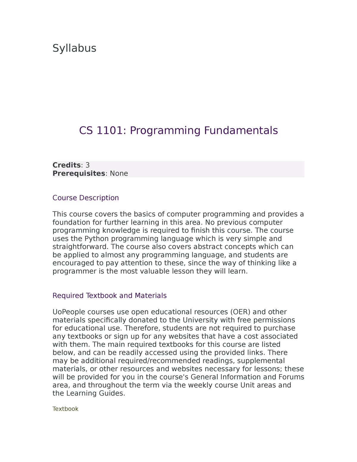 CS 1101- Programming Fundamentals-Syllabus - Syllabus CS 1101 ...