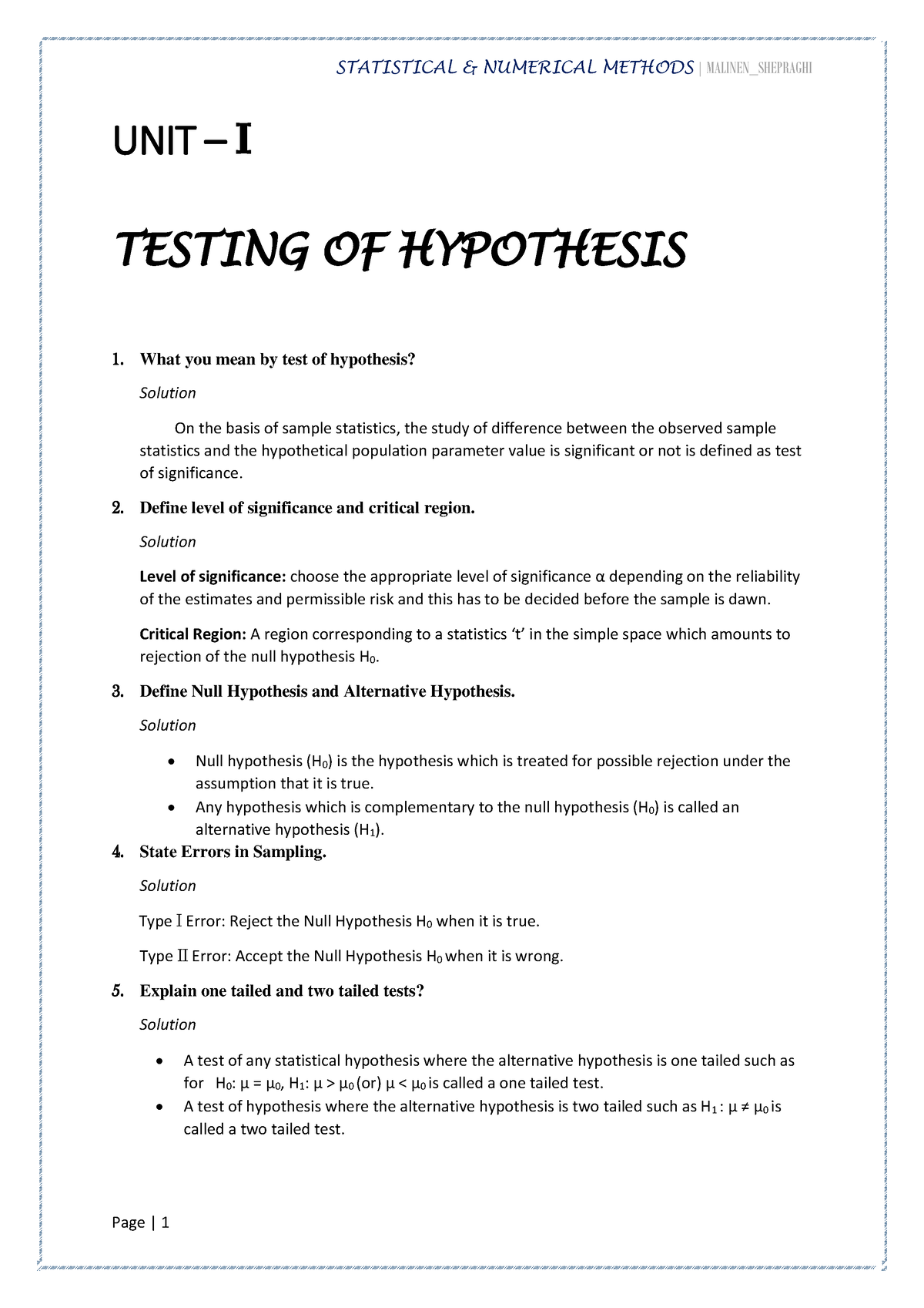 Testing OF Hypothesis - This will help you to get more marks in short ...