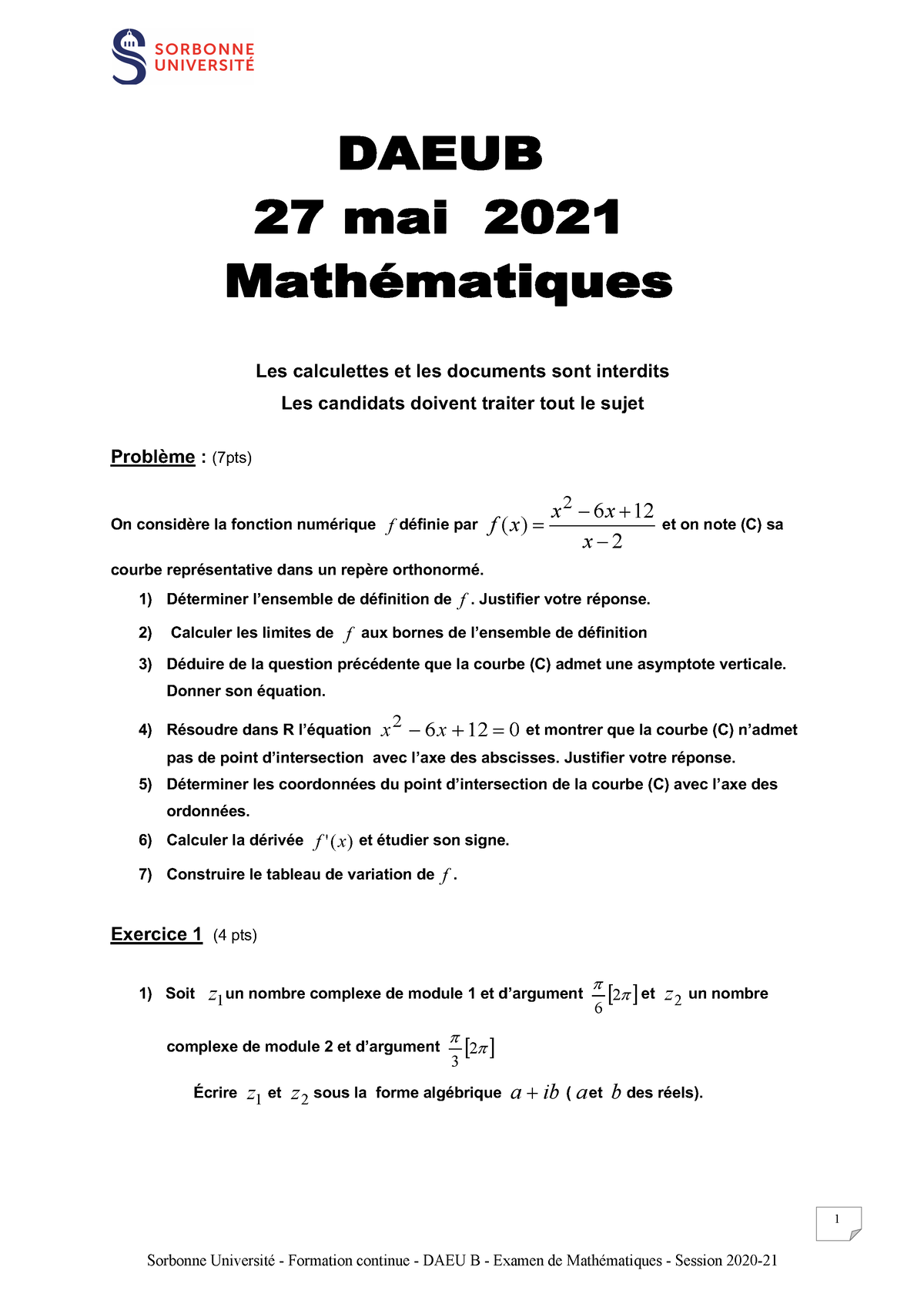 DAEU B Examen Maths 2021 - Sorbonne Université - Formation Continue ...