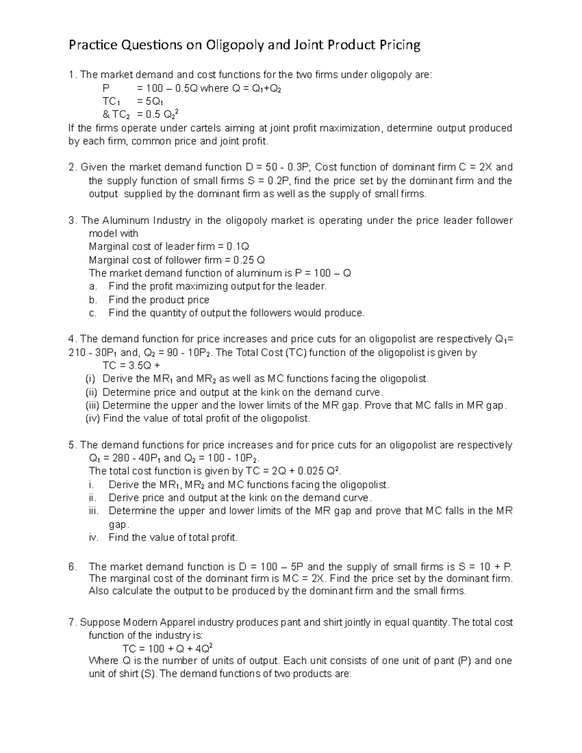 Numericals on oligopoly and mutiple product pricing - Practice ...