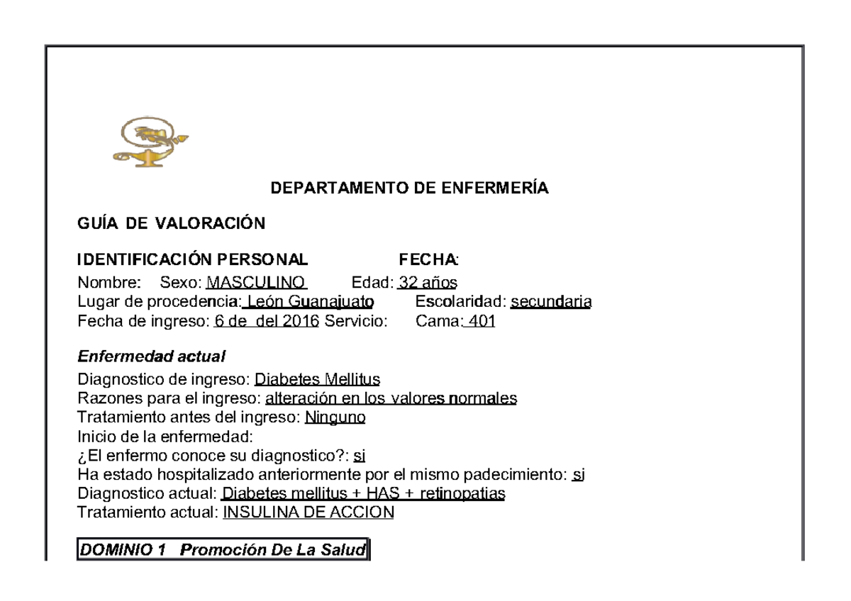 Guía de valoración en dominios de la diabetes. - DEPARTAMENTO DE