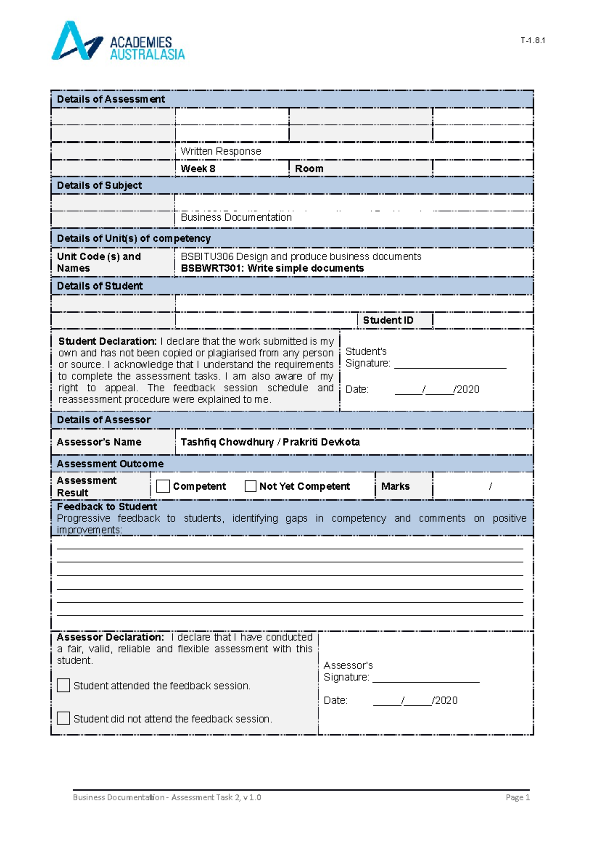 Assessment 2 Business Documentation Term 1 - ACC201 - Kaplan Business ...