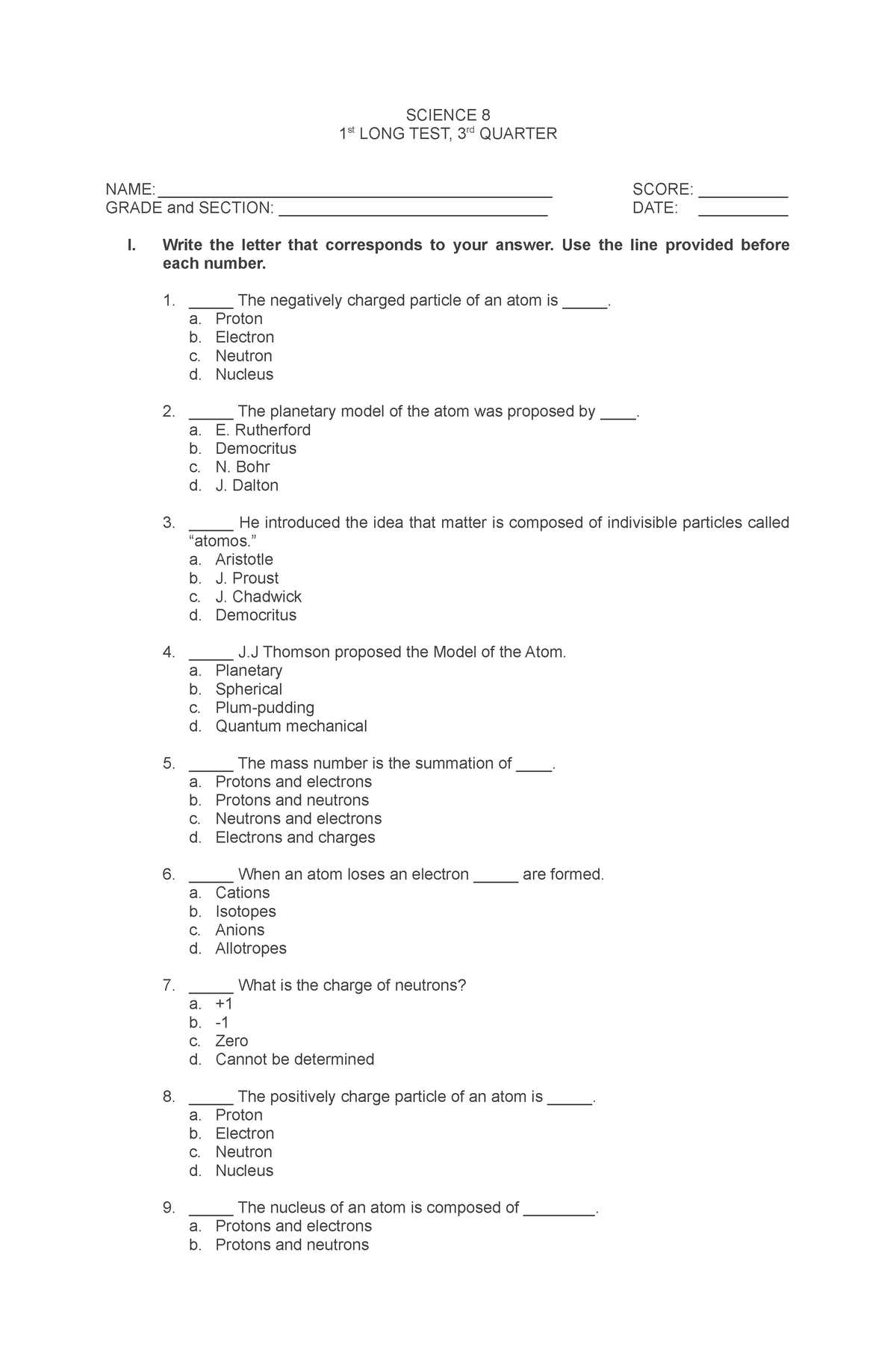 1st Test 3rd quarter Science 8 - SCIENCE 8 1 st LONG TEST, 3rd QUARTER ...