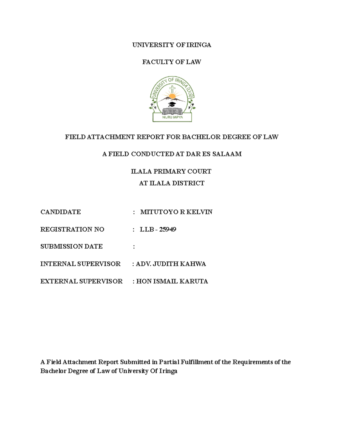 Final Field Report Mitutoyo DOCX - UNIVERSITY OF IRINGA FACULTY OF LAW ...