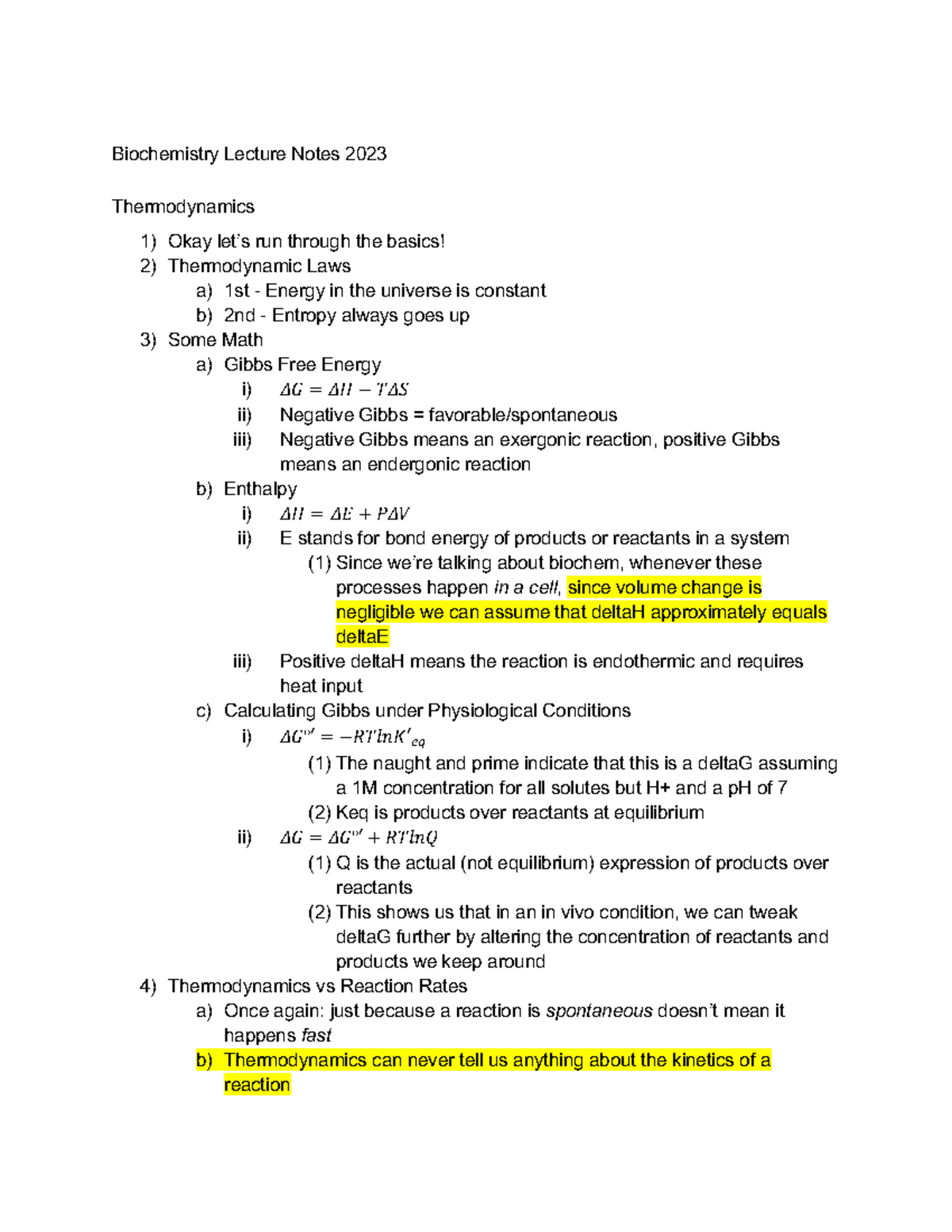 Biochem Notes Part 1 - Biochemistry Lecture Notes 2023 Thermodynamics ...