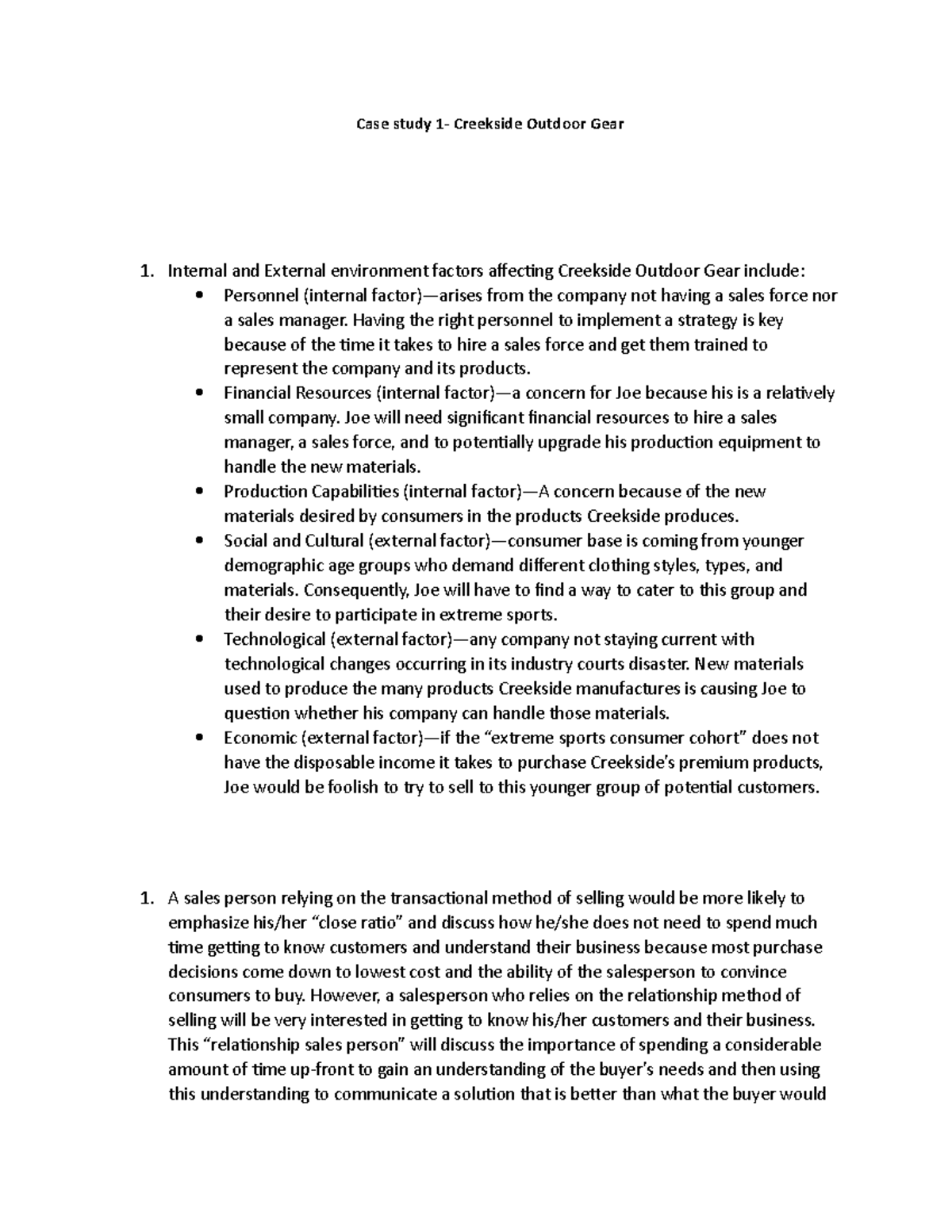 Case study one - Case study 1- Creekside Outdoor Gear Internal and ...