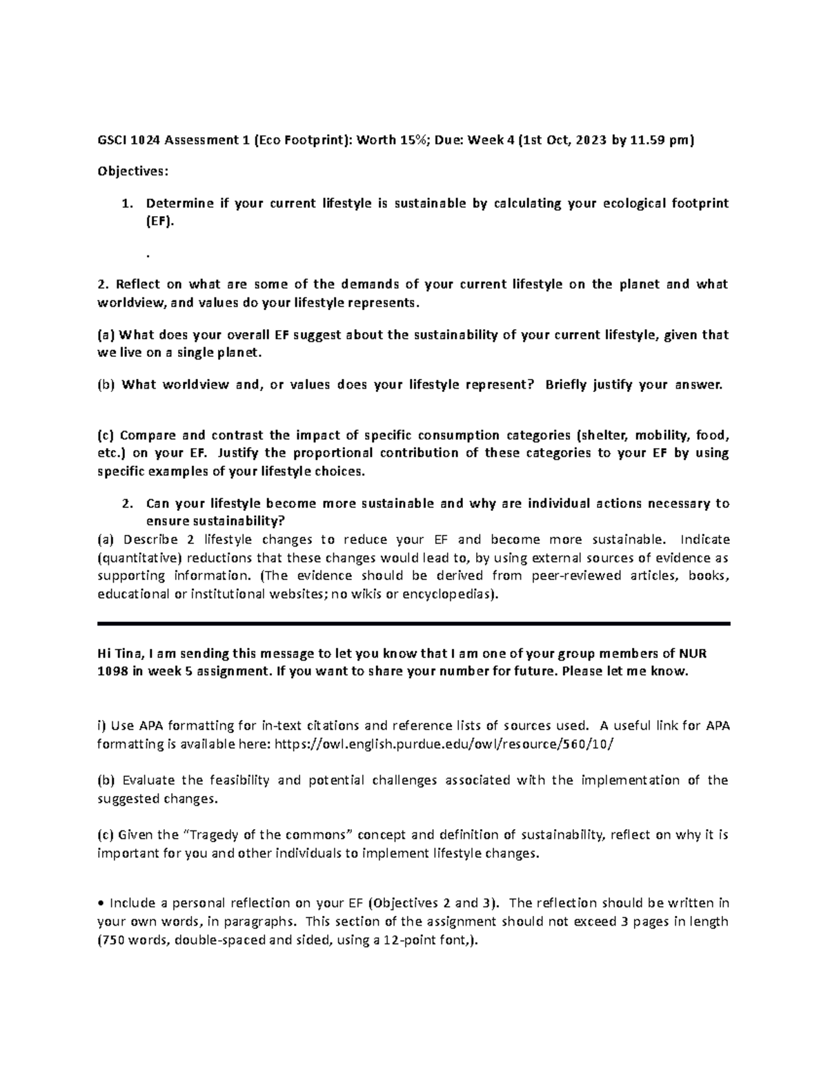 GSCI Assessment 2 - GSCI 1024 Assessment 1 (Eco Footprint): Worth 15% ...
