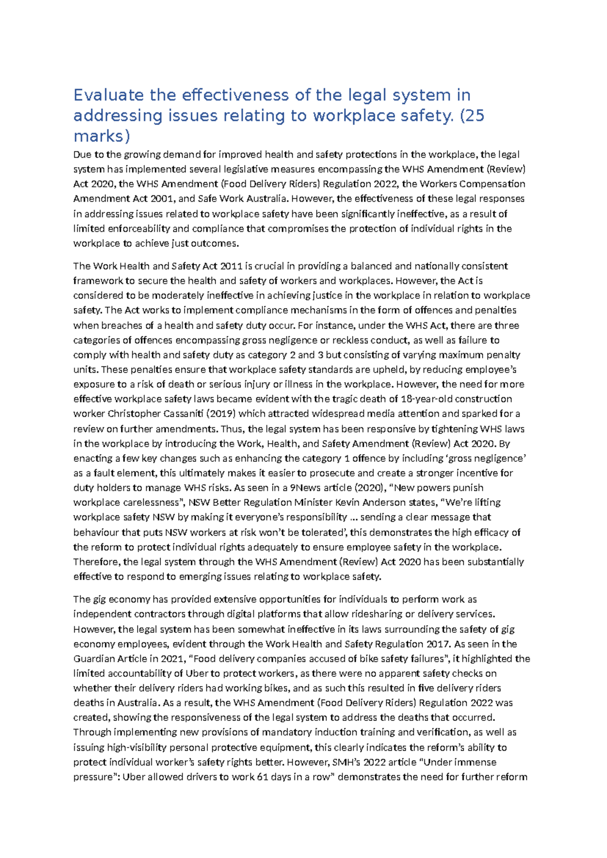 2020 HSC Workplace Essay - Evaluate the effectiveness of the legal ...