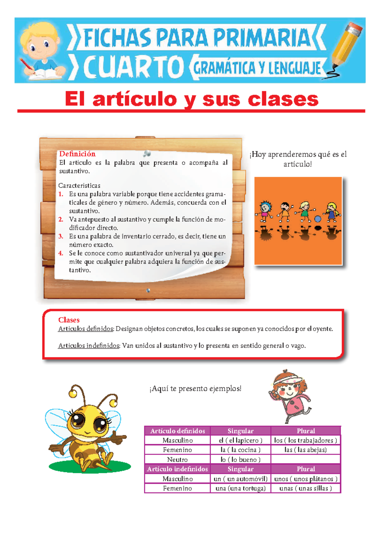 El Artículo y sus Clases Para Cuarto Grado de Primaria - ¡Hoy ...