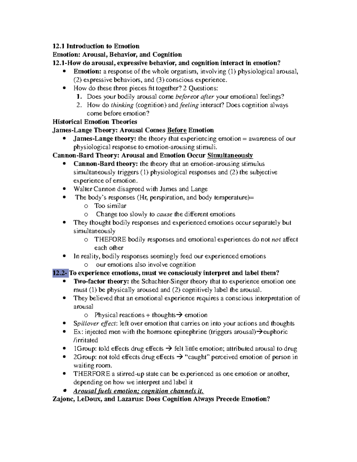 Chapter 12 Psych - 12 Introduction To Emotion Emotion: Arousal ...