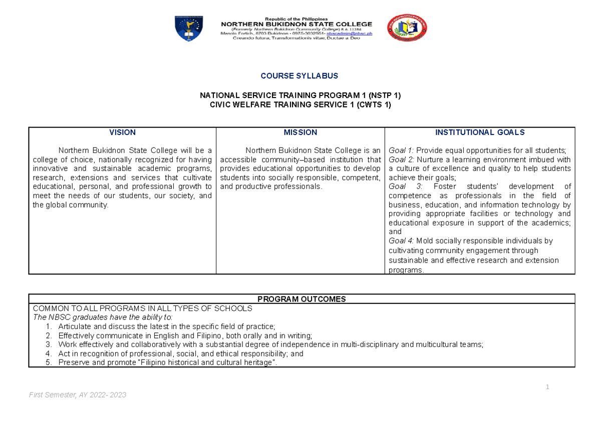 Course-Syllabus NSTP-1-CWTS-1 Final - COURSE SYLLABUS NATIONAL SERVICE ...