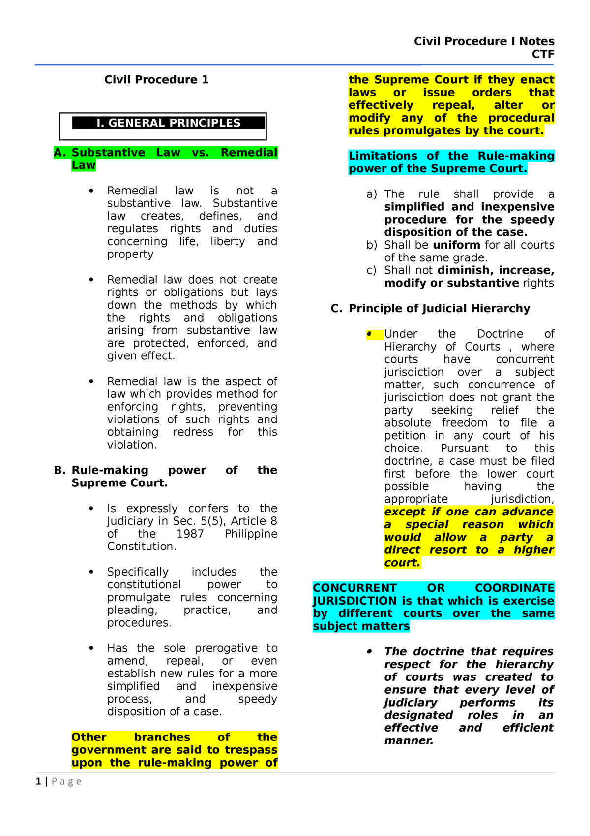 Civil Procedure 1 Note - CTF Civil Procedure 1 A. Substantive Law Vs ...