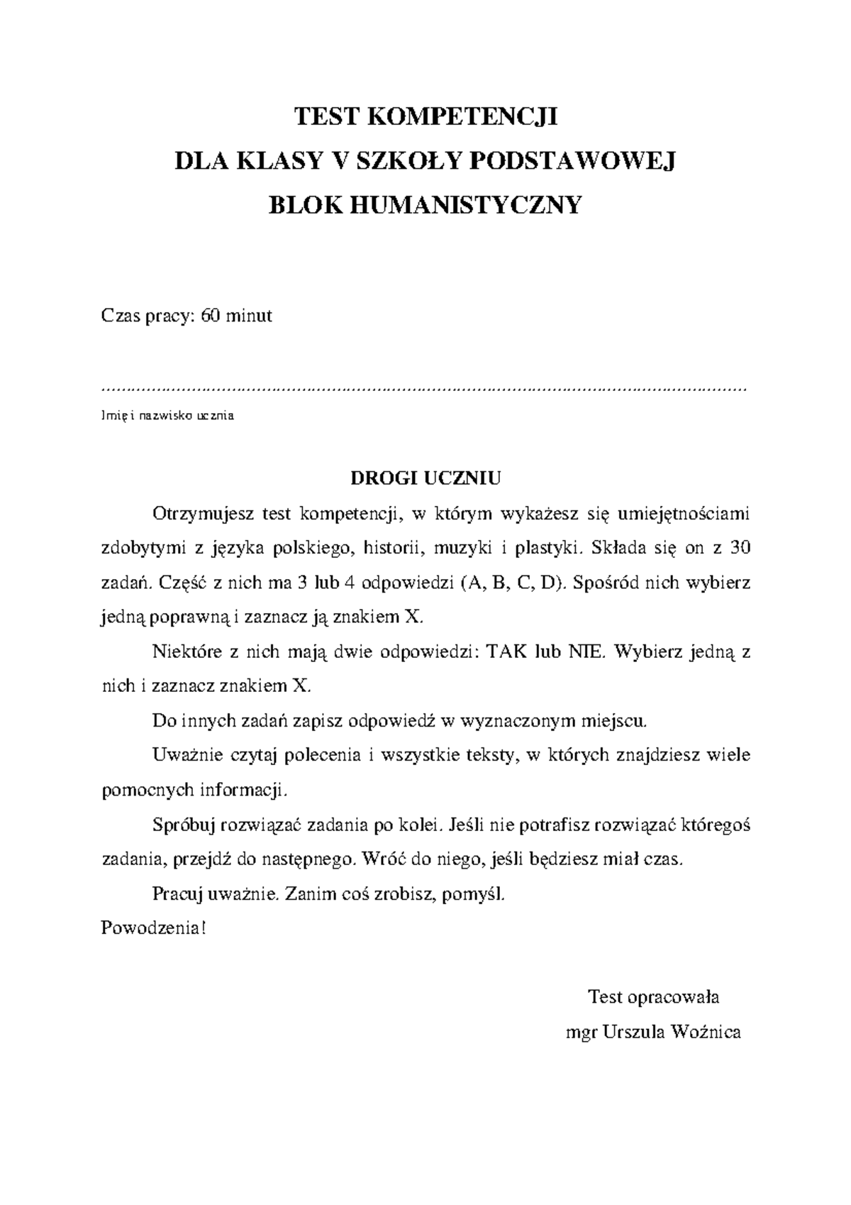 Diagnoza - book - TEST KOMPETENCJI DLA KLASY V SZKOŁY PODSTAWOWEJ BLOK