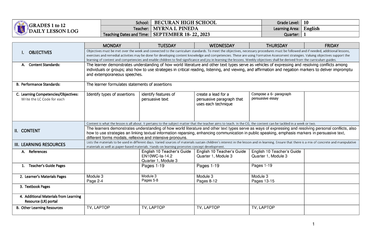 Dll english 10 Q1 weel 3 sy 2022 2023 - GRADES 1 to 12 DAILY LESSON LOG ...