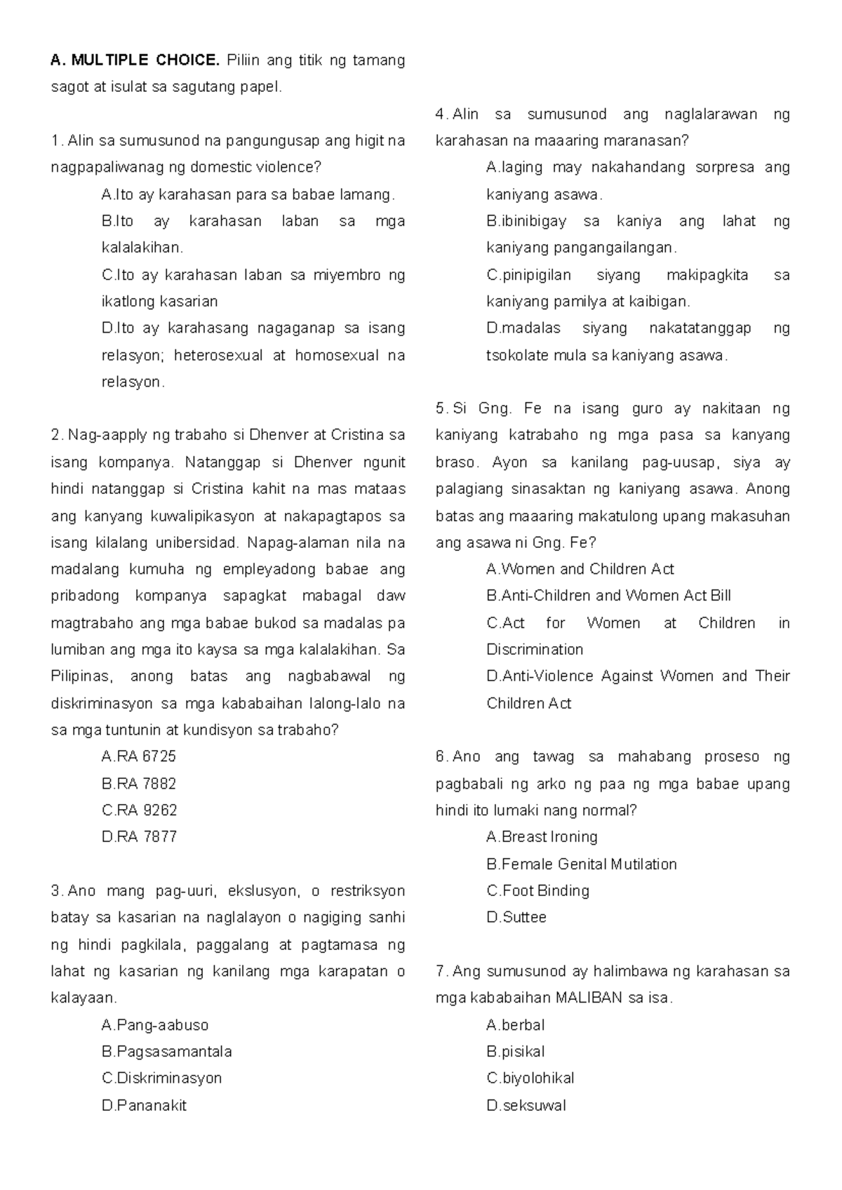 AP10 Q3 M2 QUIZ - AP LP - A. MULTIPLE CHOICE. Piliin ang titik ng ...