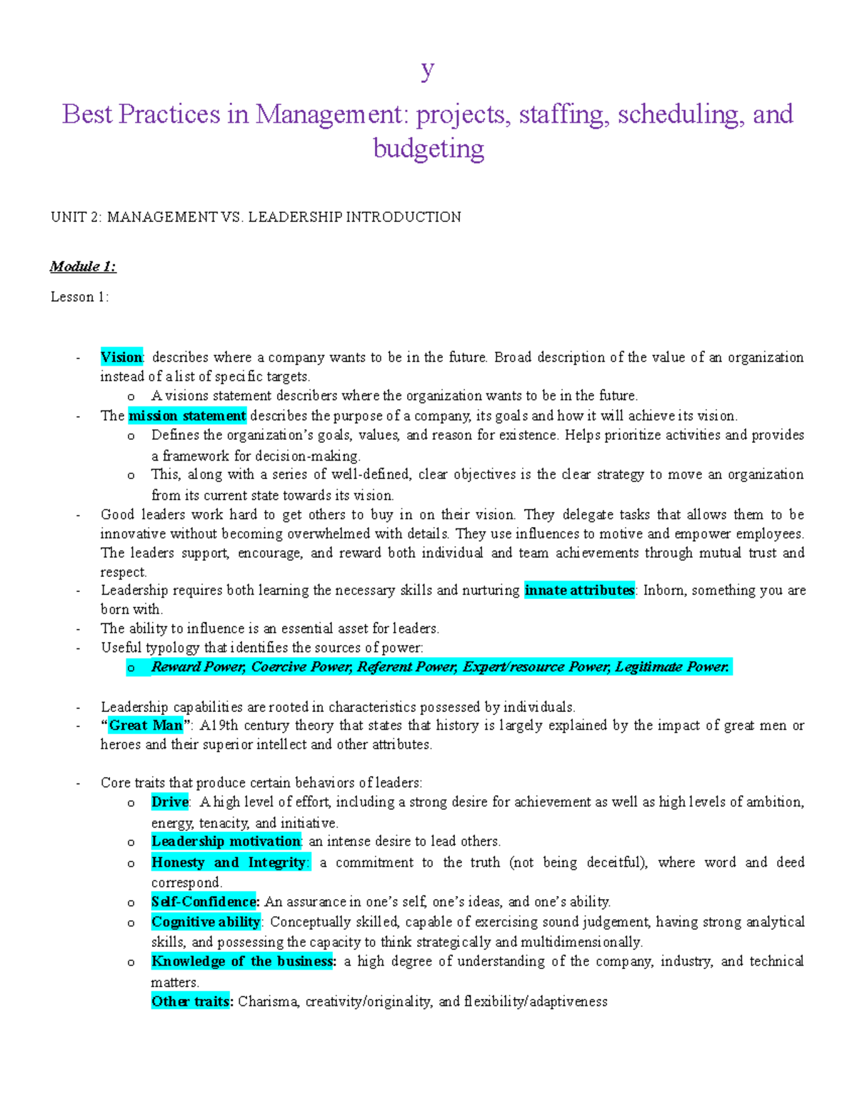 Best Practices in Management class notes - y Best Practices in ...