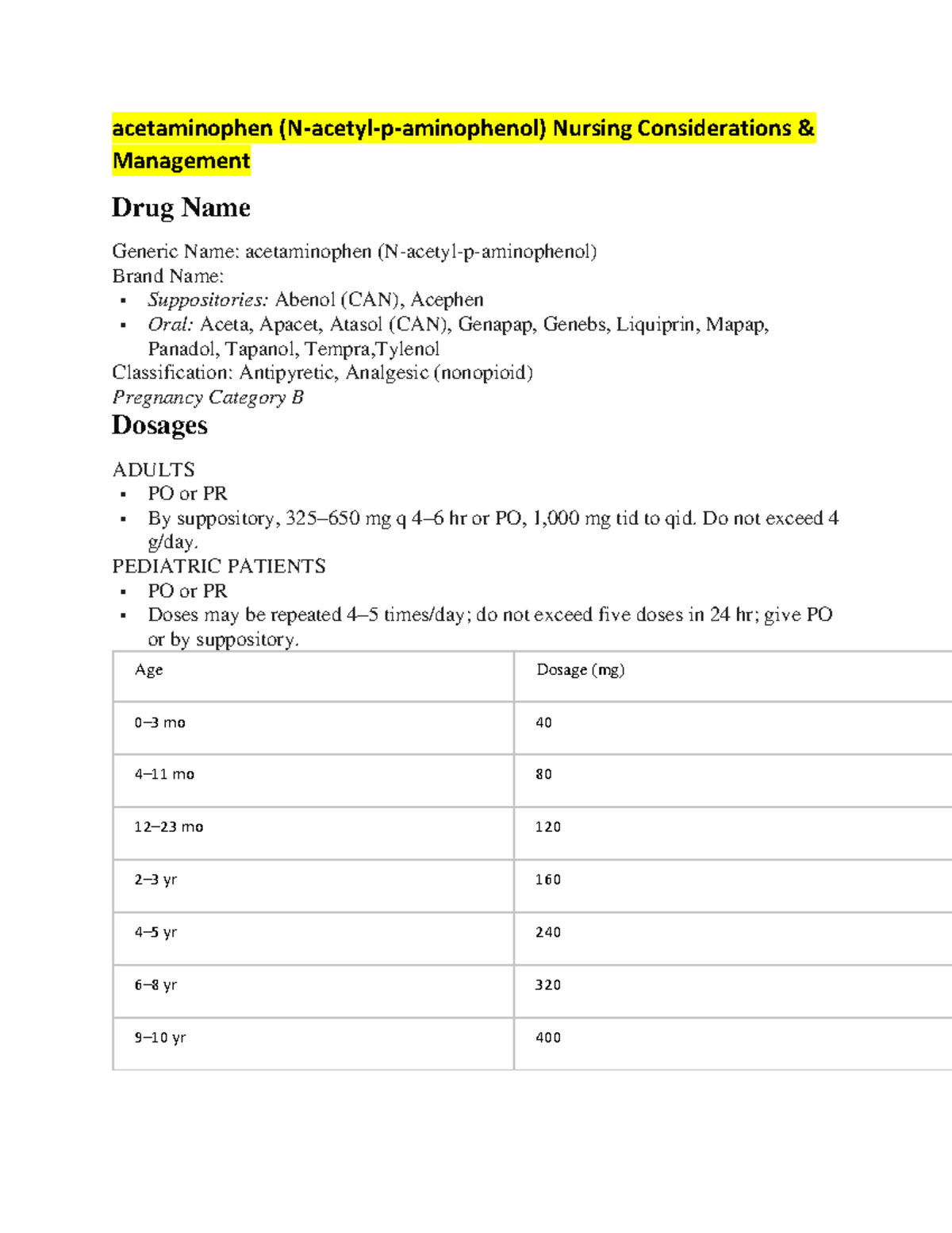 Acetaminophen This drug is used to treat mild to moderate pain (from