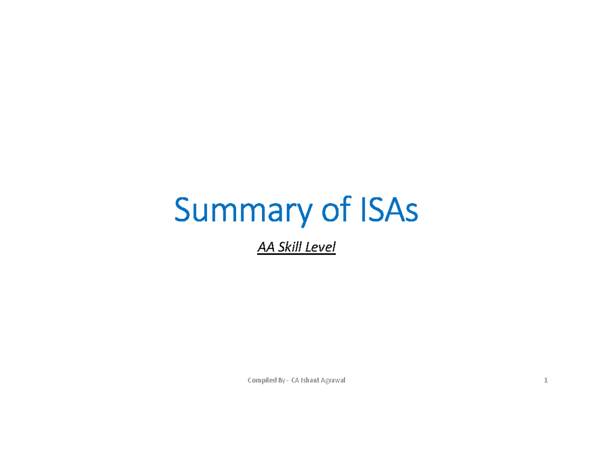 Summary of key ISAs Summary of ISAs AA Skill Level ISA 200 Overall