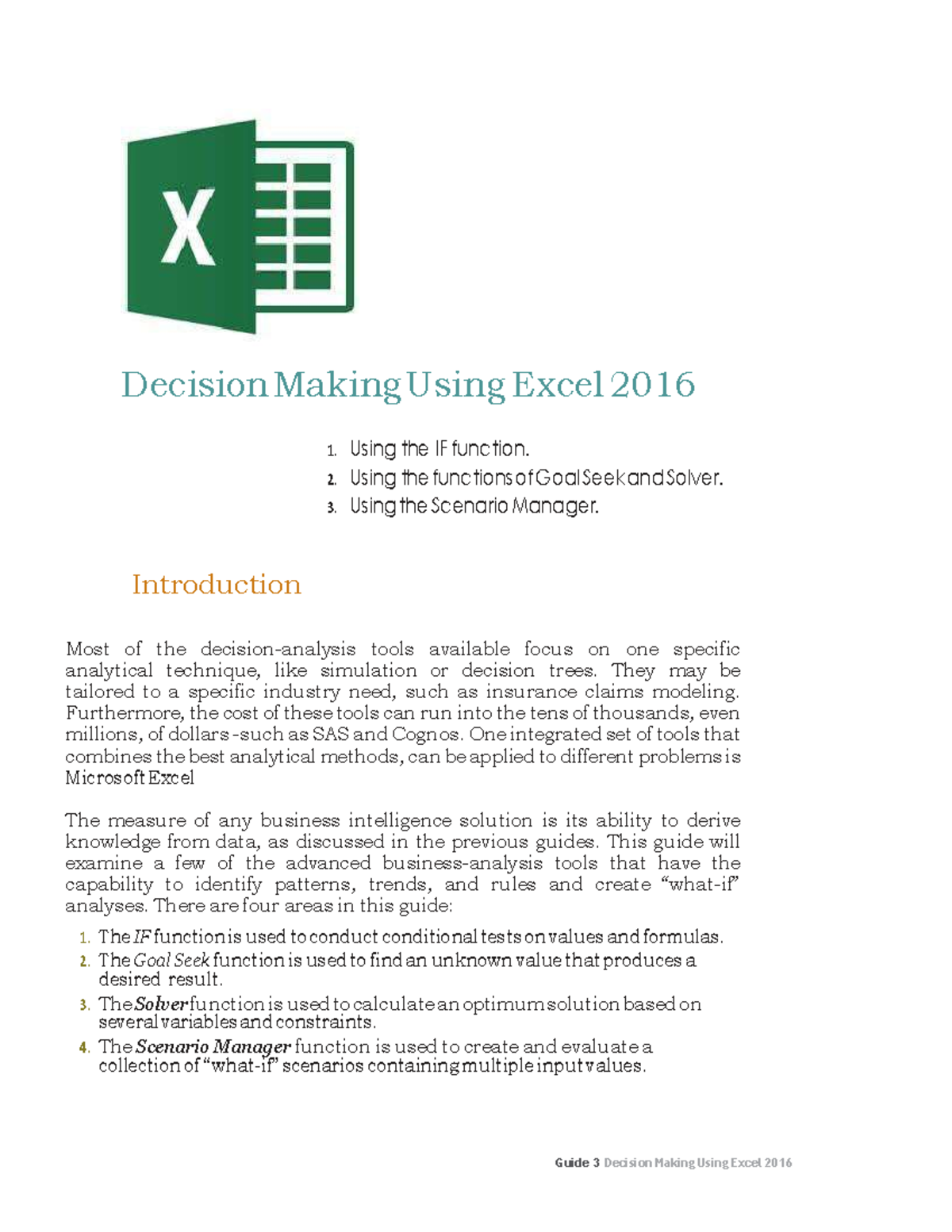 Excel Guide 3 - Guide 3 Decision Making Using Excel 2016 Decision ...